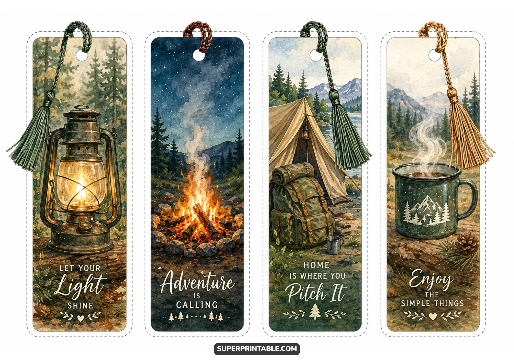 Camping bookmark set with lantern, campfire, tent, backpack, and adventure mug