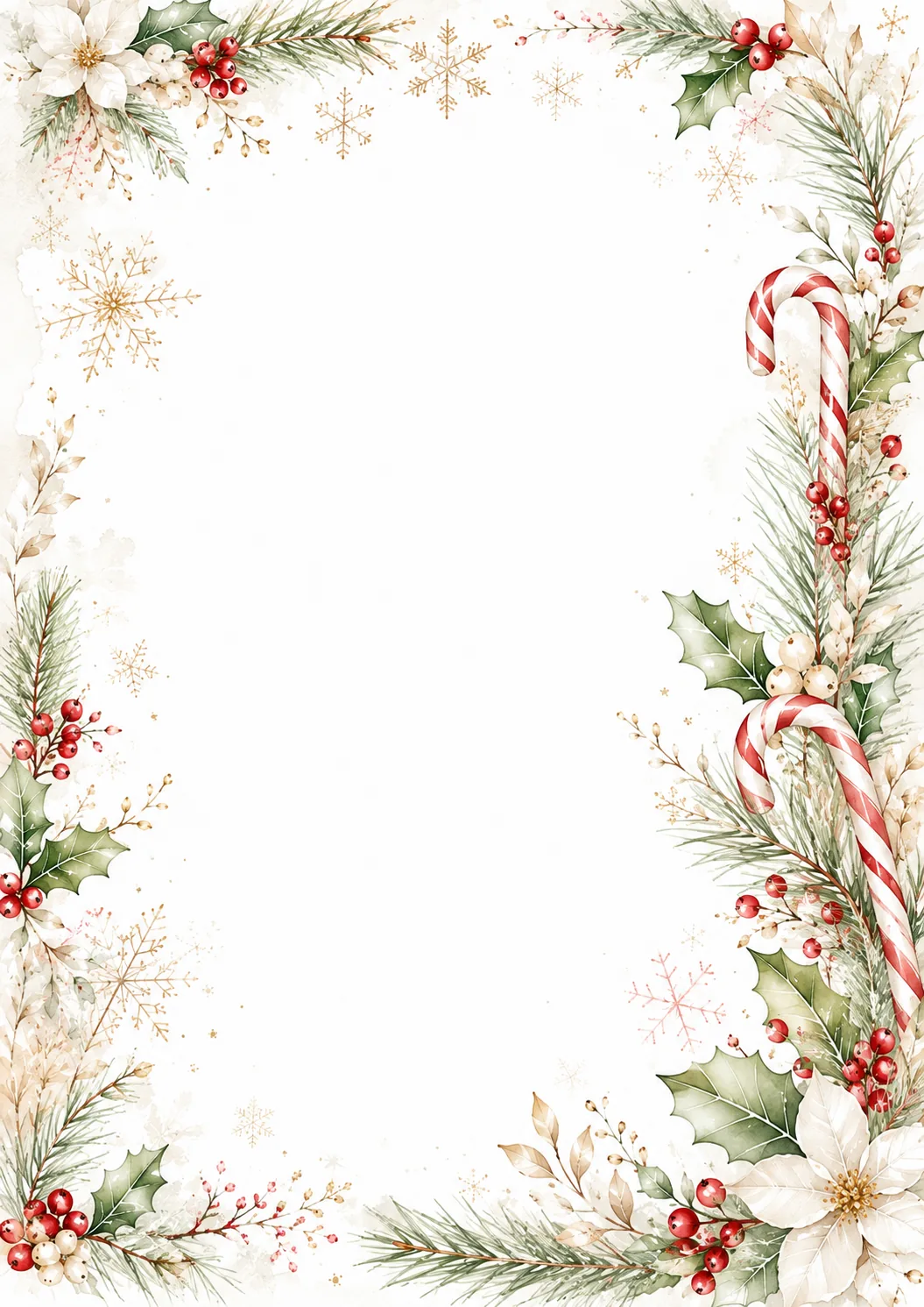 Christmas watercolor borders with candy canes, holly, red berries, pine branches, and snowflakes