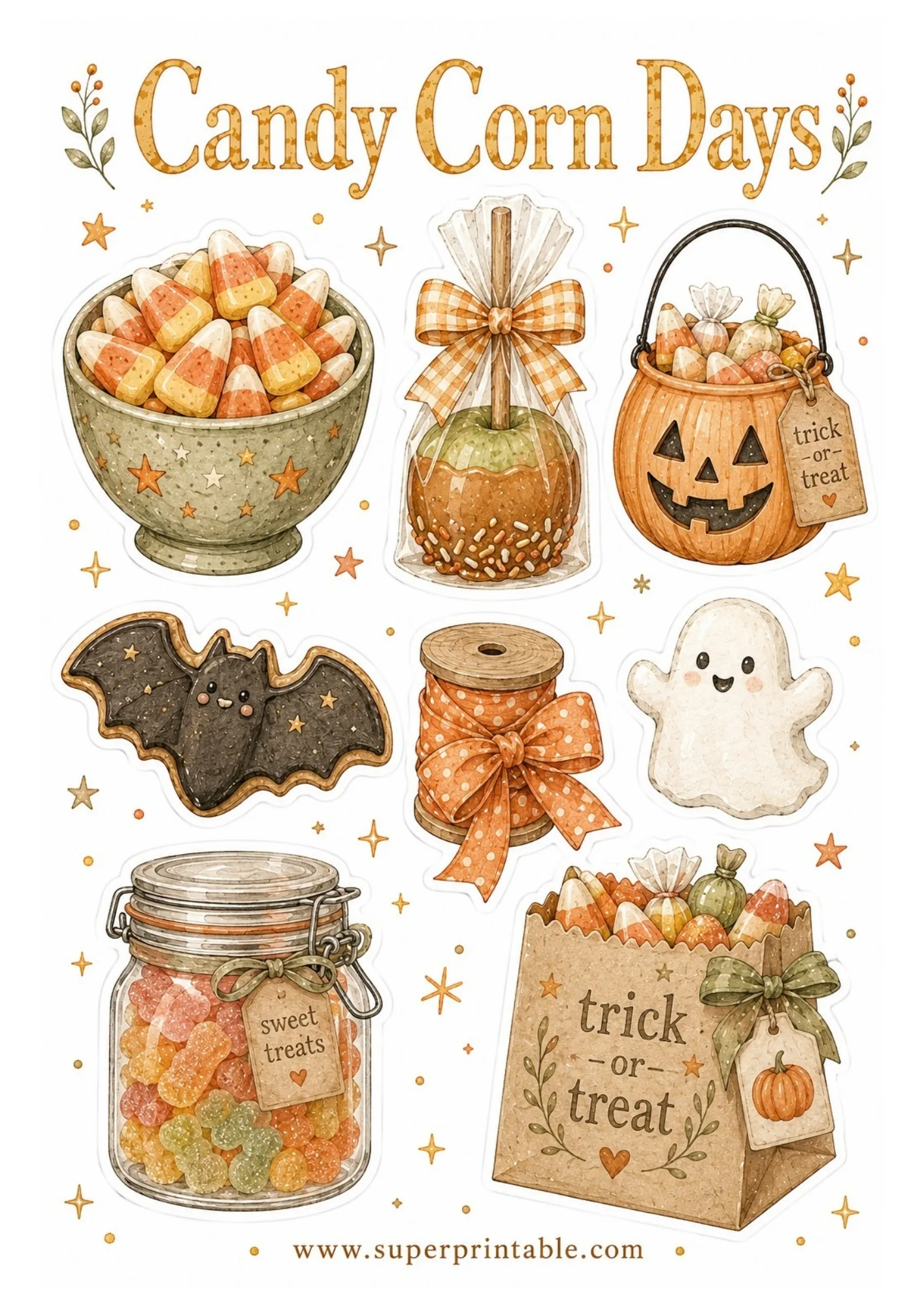 Printable Halloween candy sticker sheet featuring watercolor candy corn bowl, caramel apple, trick-or-treat bucket, bat cookie, ghost, and treat bag.