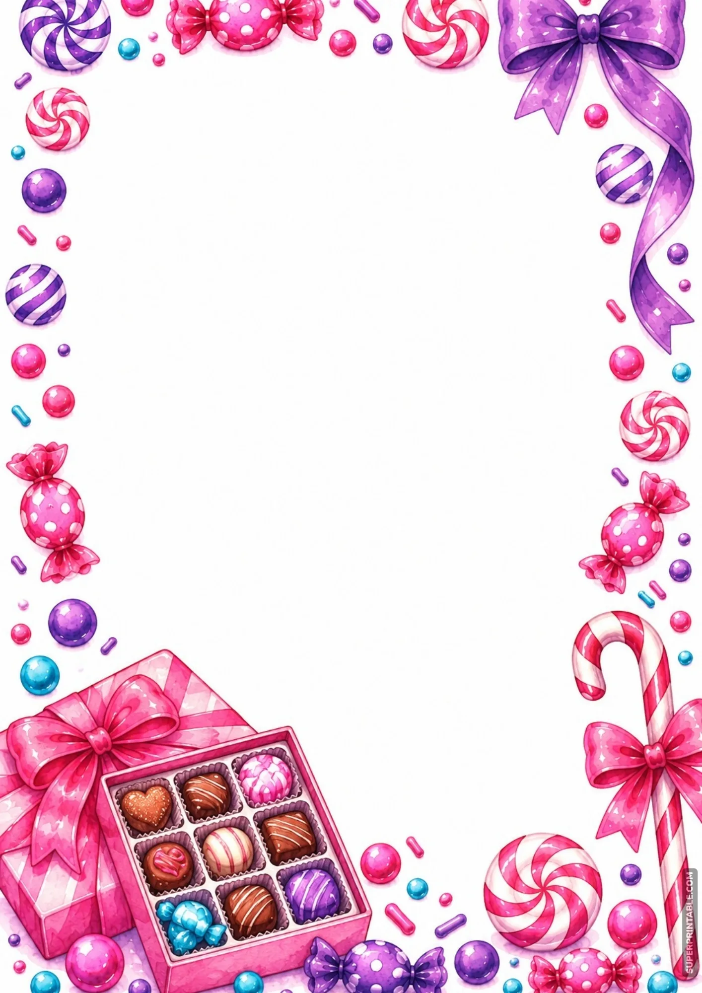 Sweet theme border showing an open box of gourmet chocolates and ribbon decorations.