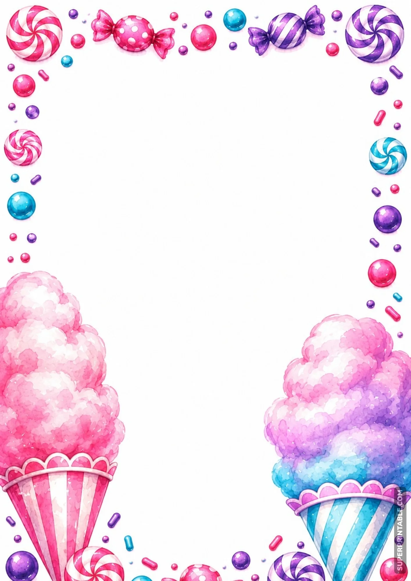 Pastel sweet border page featuring fluffy pink and rainbow cotton candy cones.