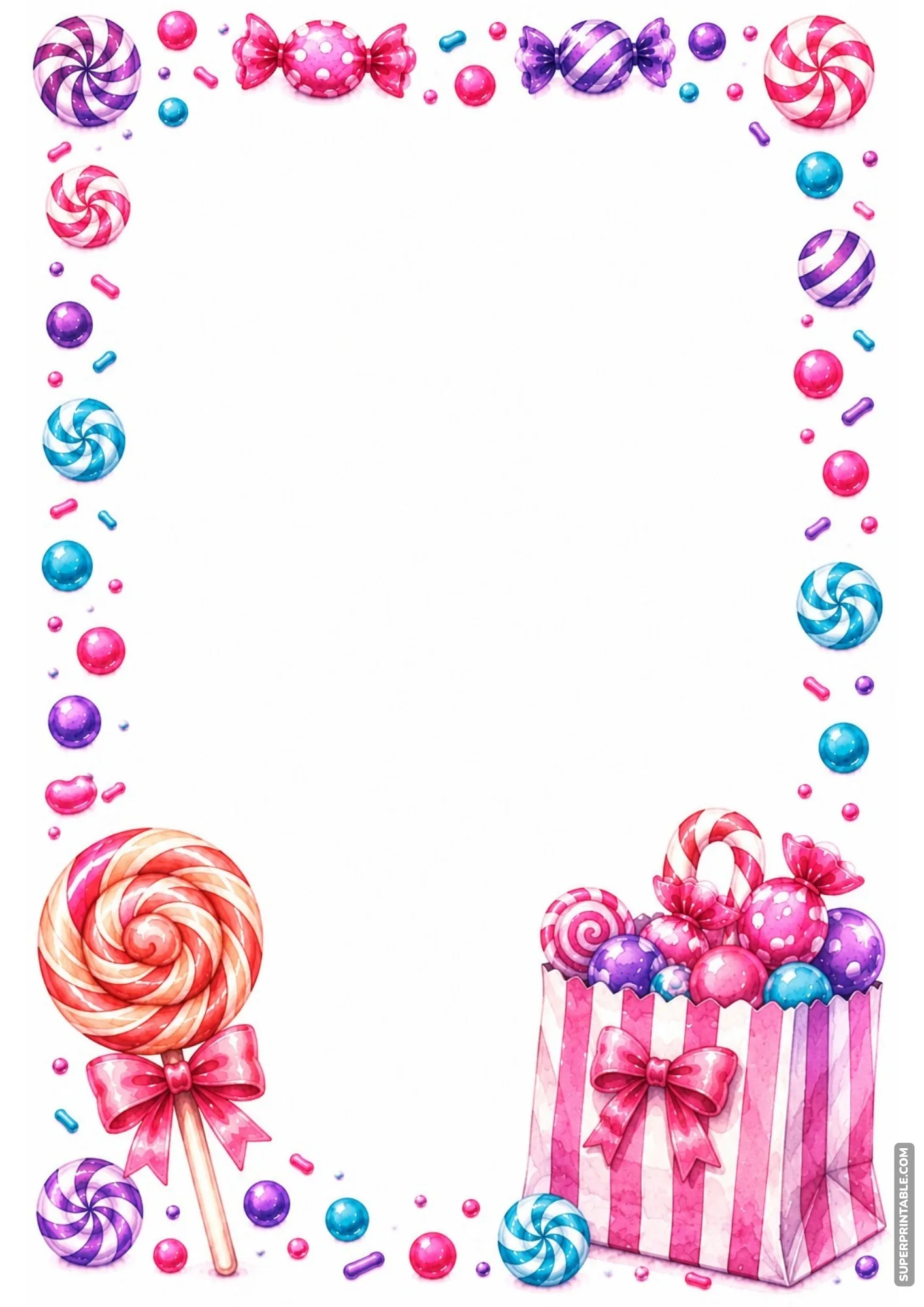 Watercolor candy shop border featuring a giant swirl lollipop and treat bag.