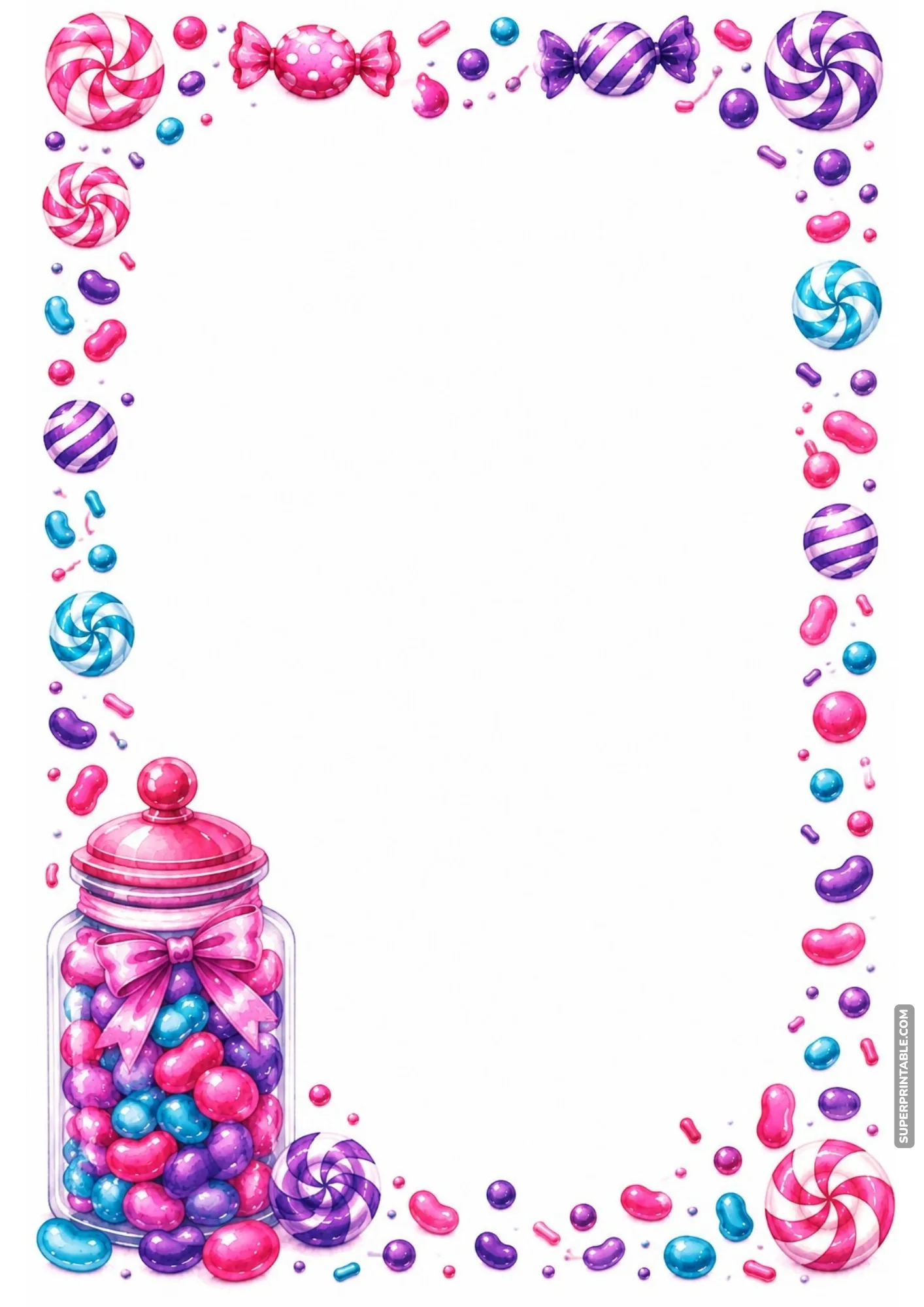 Pastel sweet shop border decorated with a glass jar of colorful jelly beans.