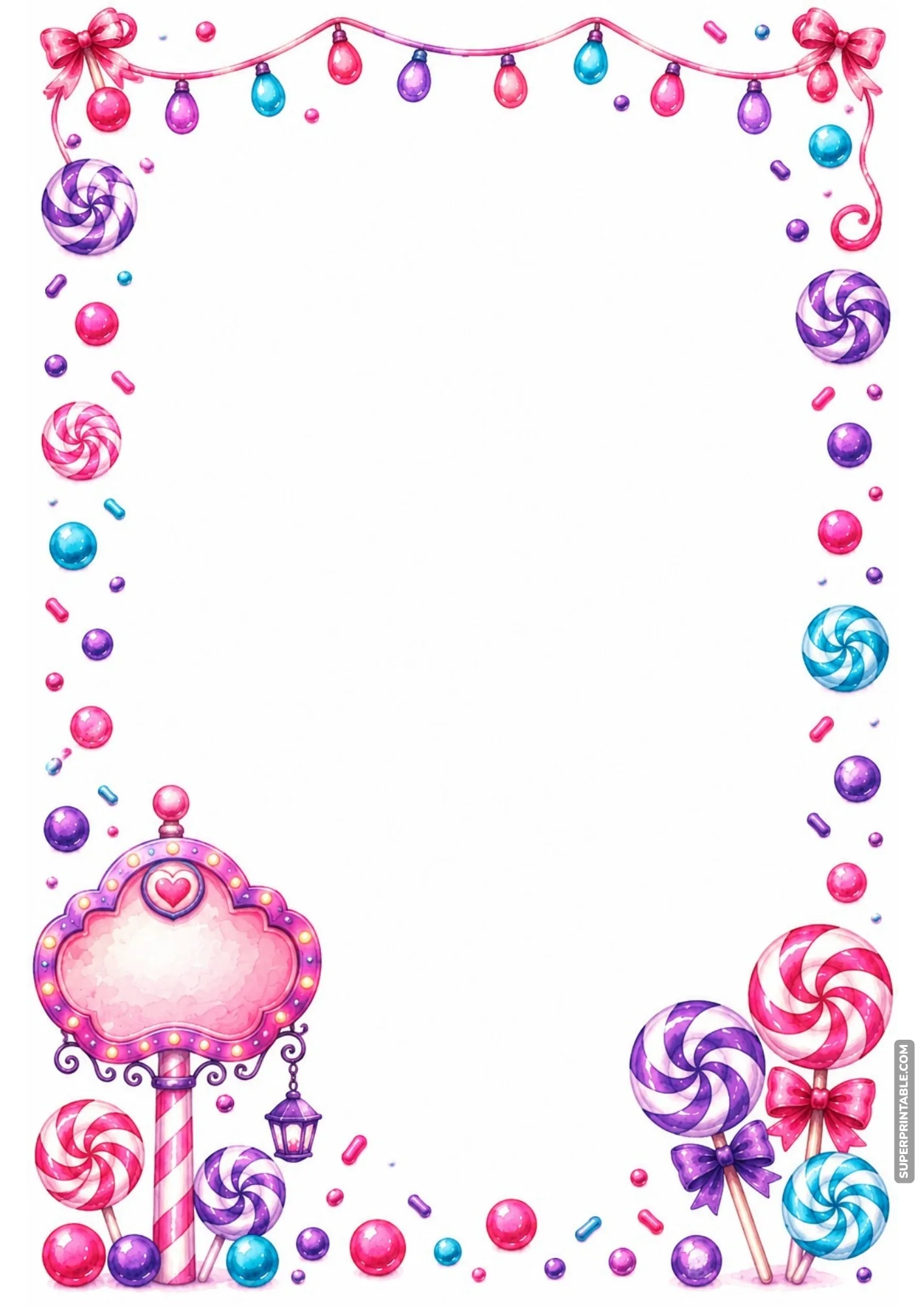 Party border sheet decorated with colorful hanging string lights and candy sign.