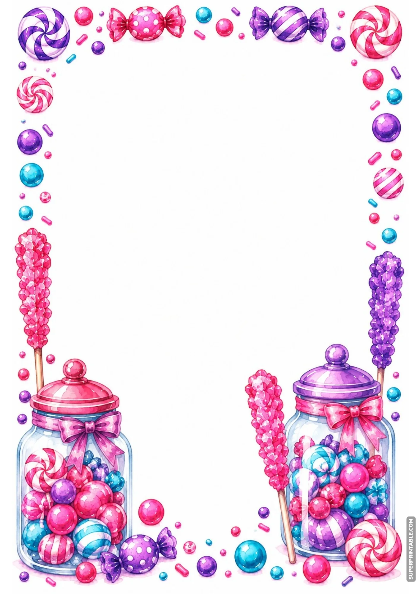 Vibrant candy border page with watercolor rock candy sticks and filled glass jars.