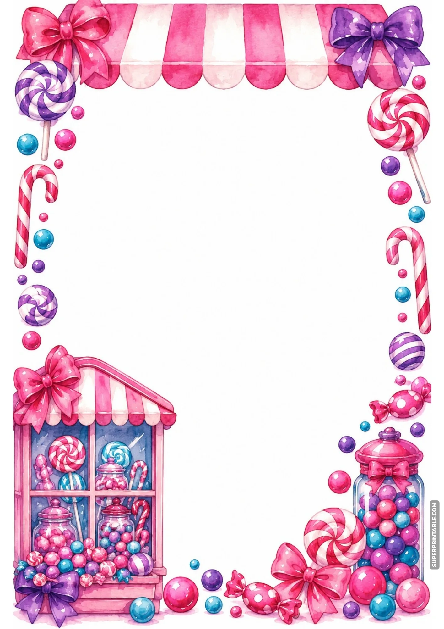 Watercolor candy shop border featuring a sweet storefront cabinet and jars.