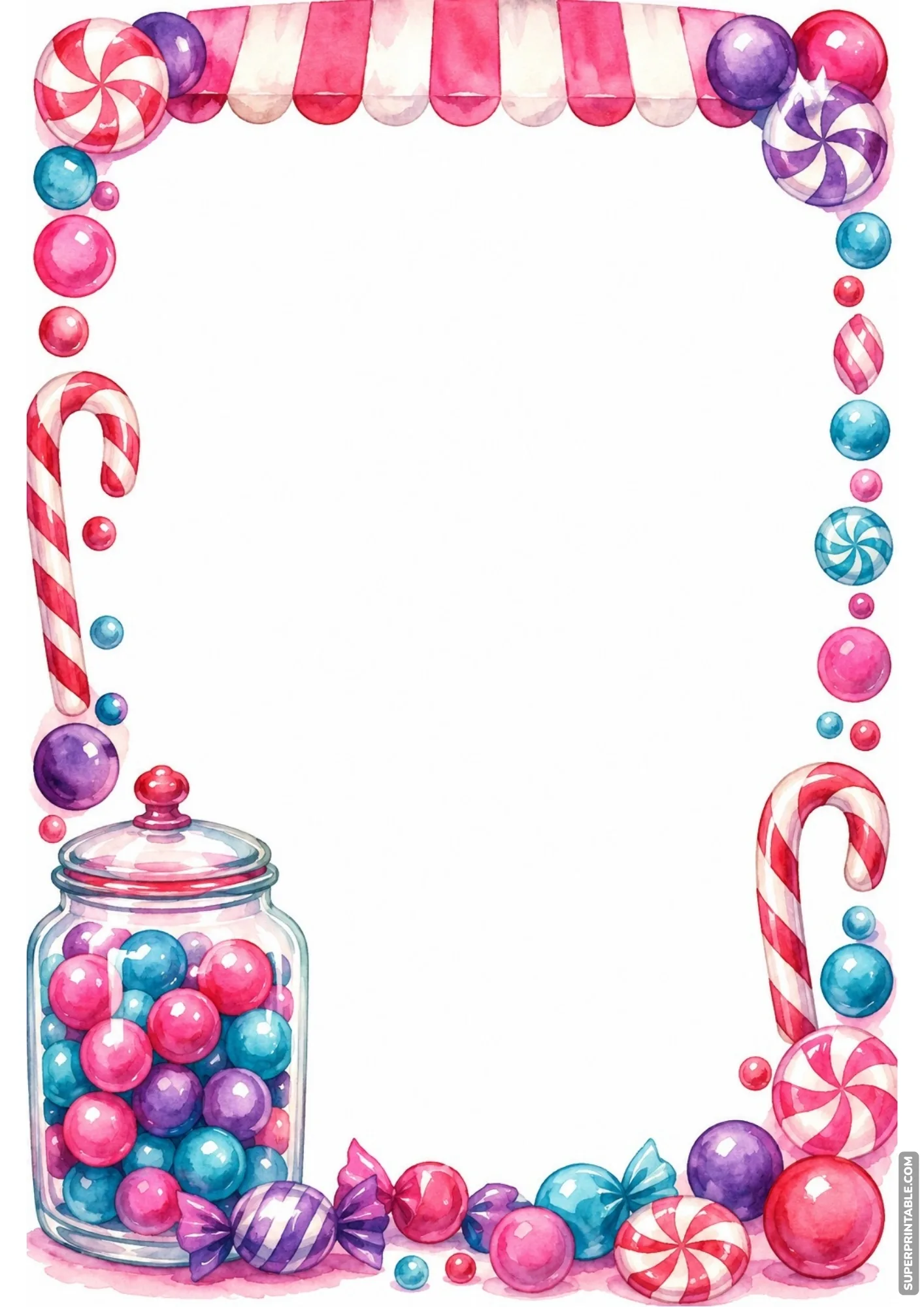 Cute sweet shop border page designed with a striped awning and sweet jar.