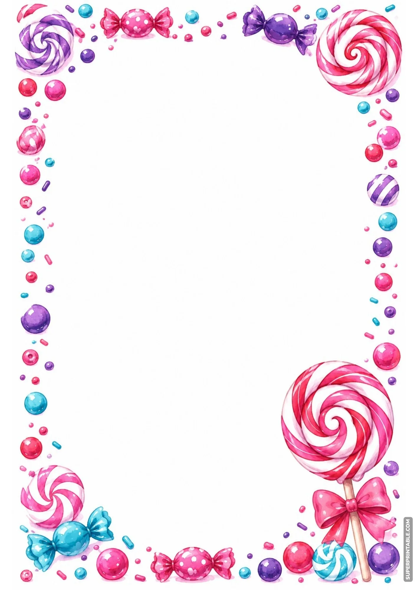 Confectionery border sheet featuring a large swirl lollipop with a pink bow.