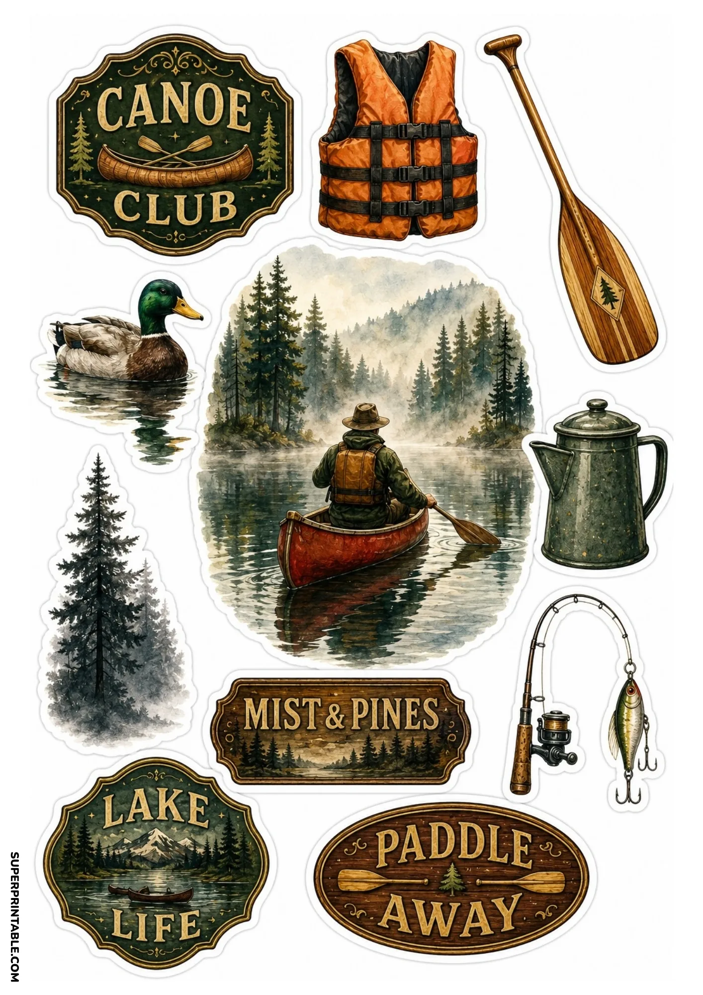 Canoe and lake fishing sticker sheet featuring a red canoe on a misty lake, duck, paddle, life jacket, and wooden adventure badges.
