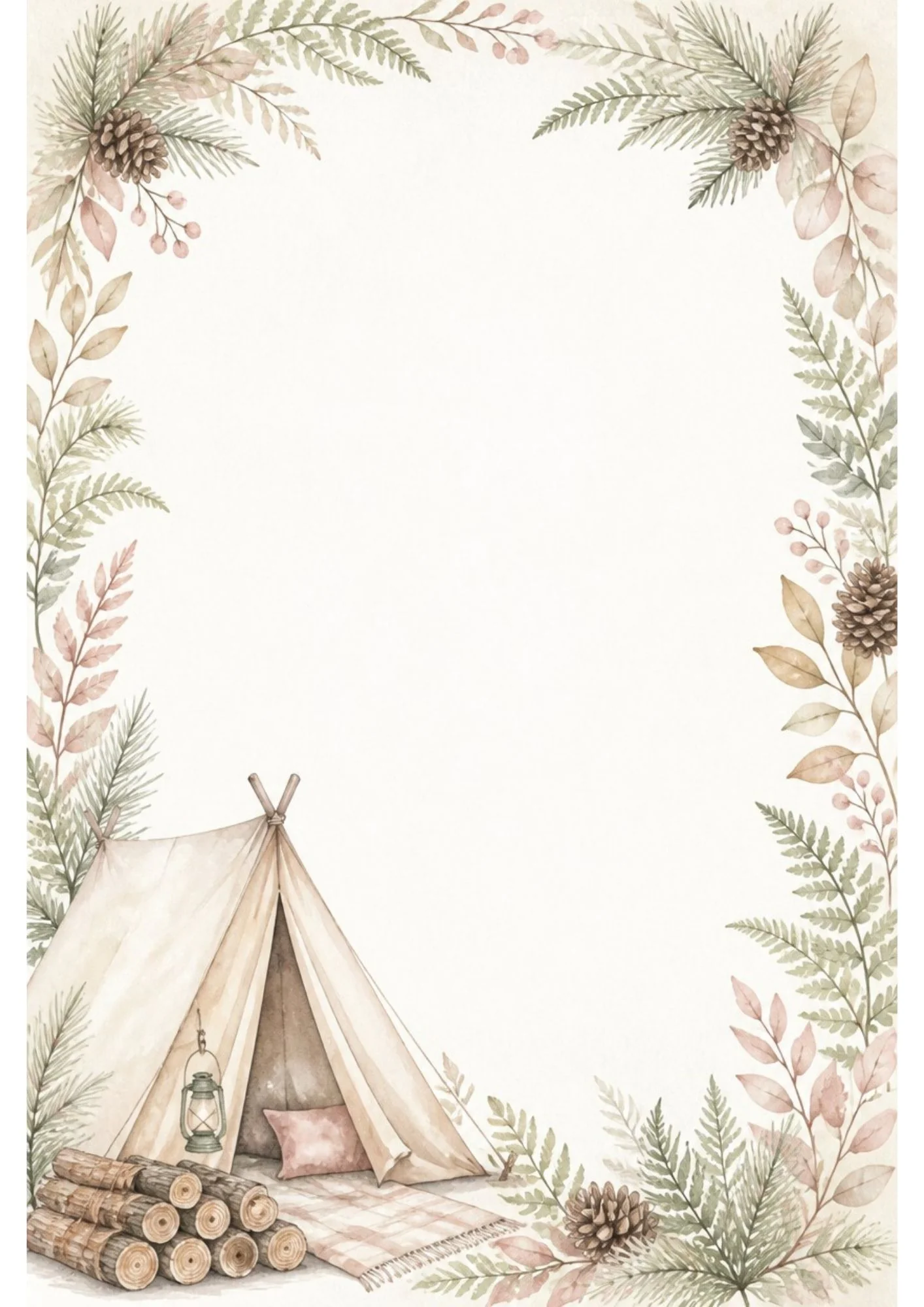 Watercolor border page with pine and berry border, canvas tipi-style tent, stacked firewood logs, and a plaid rug