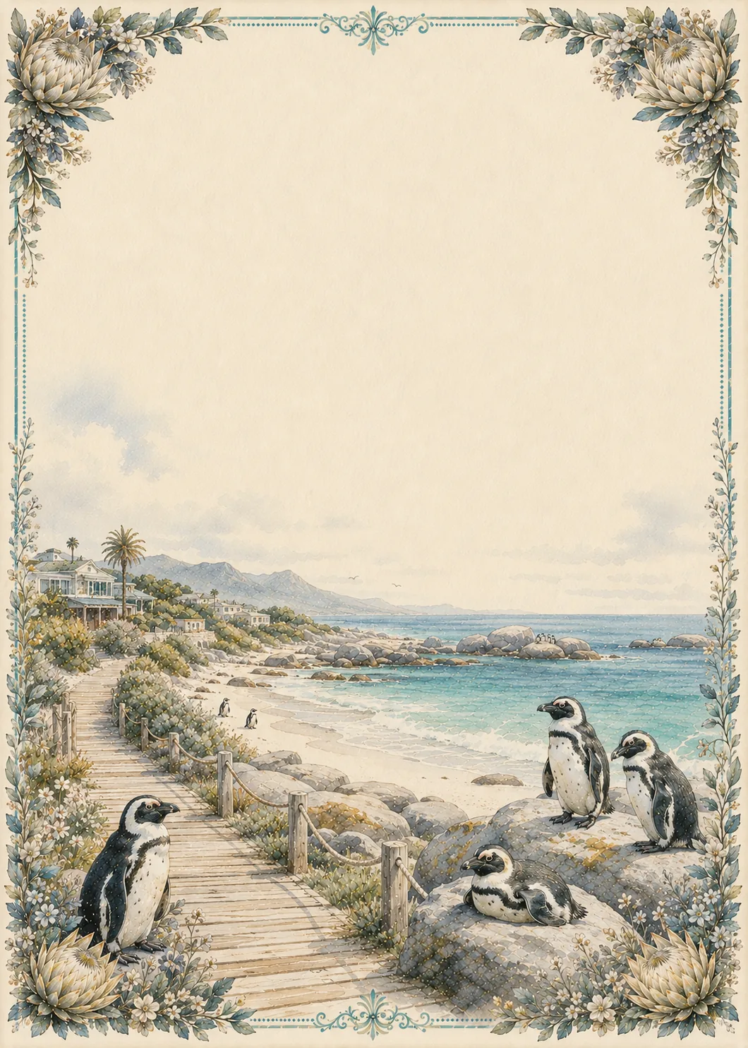 African penguins on Boulders Beach boardwalk with turquoise sea stationery border.