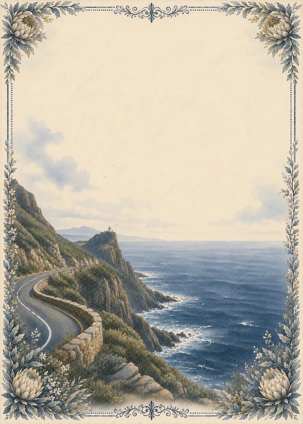 Cape Town stationery border pages hero artwork with proteas and coastal highway.