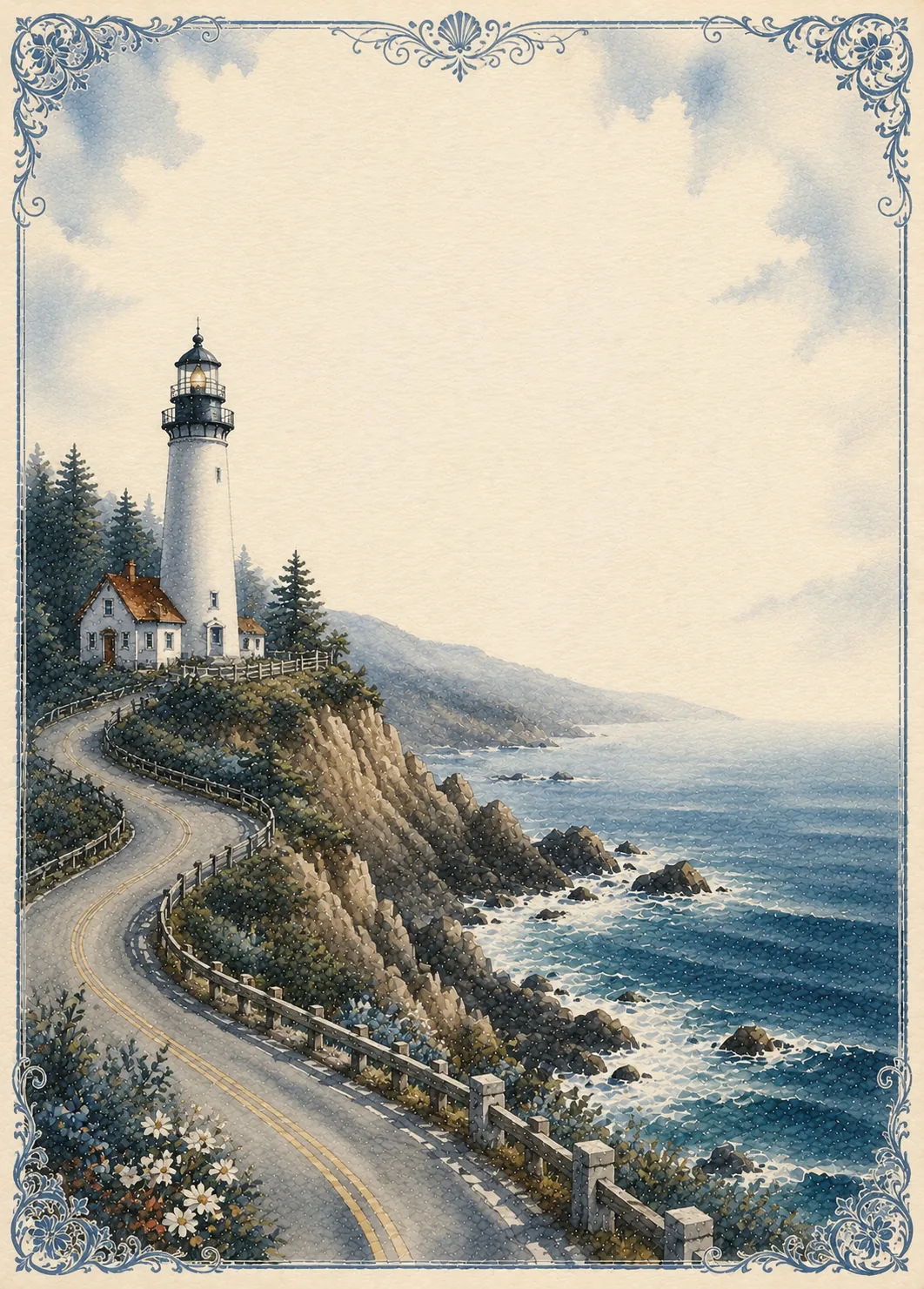 Coastal lighthouse perched on cliffs with winding ocean road stationery border.