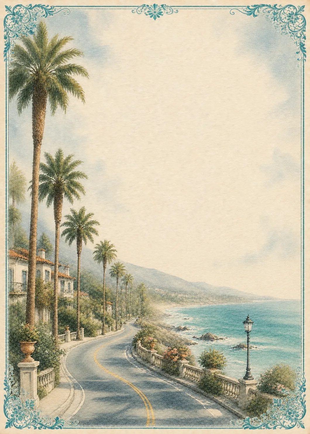 Ocean promenade with tall palm trees stationery border page in teal tones.