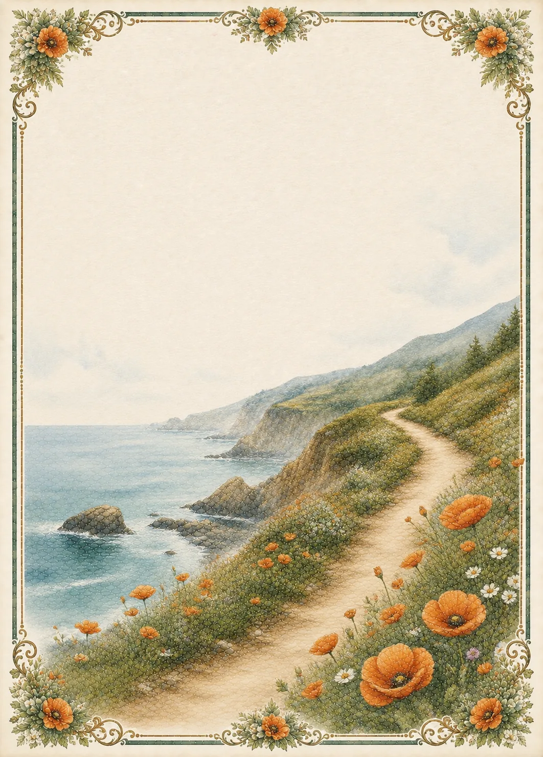 Vibrant orange poppies along a coastal cliff path stationery border page design.