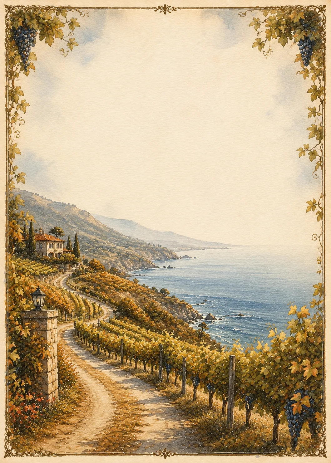 Watercolor coastal vineyard stationery page with grape leaves and ocean views.