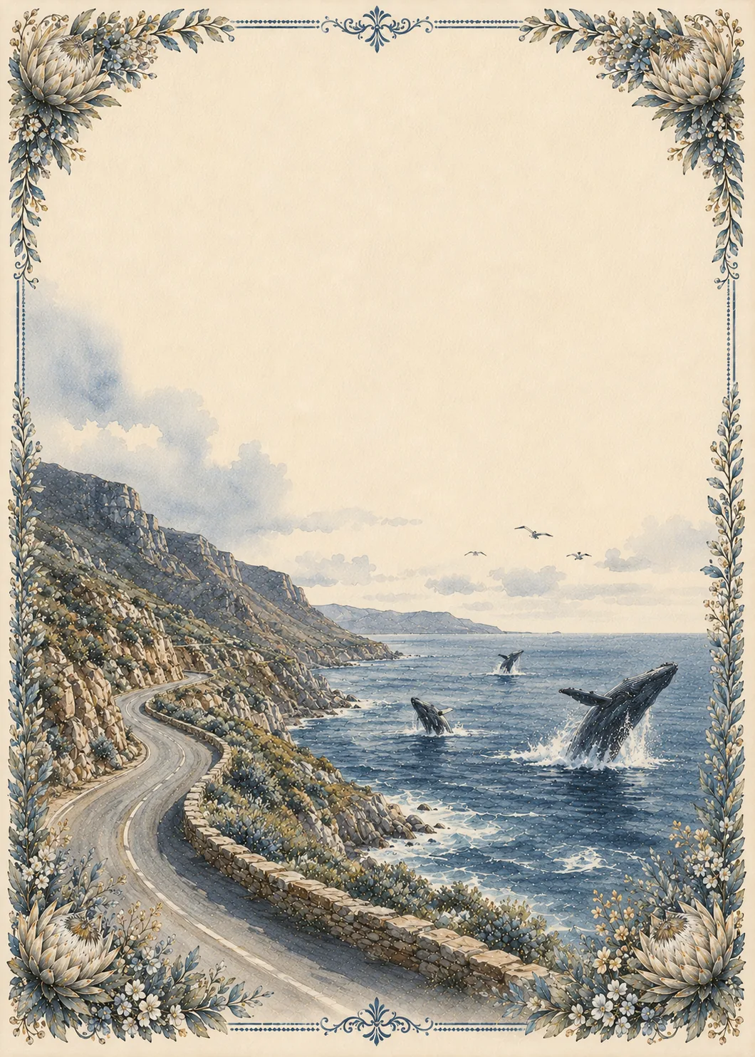 Breaching whales along a winding ocean coastal highway stationery border page.