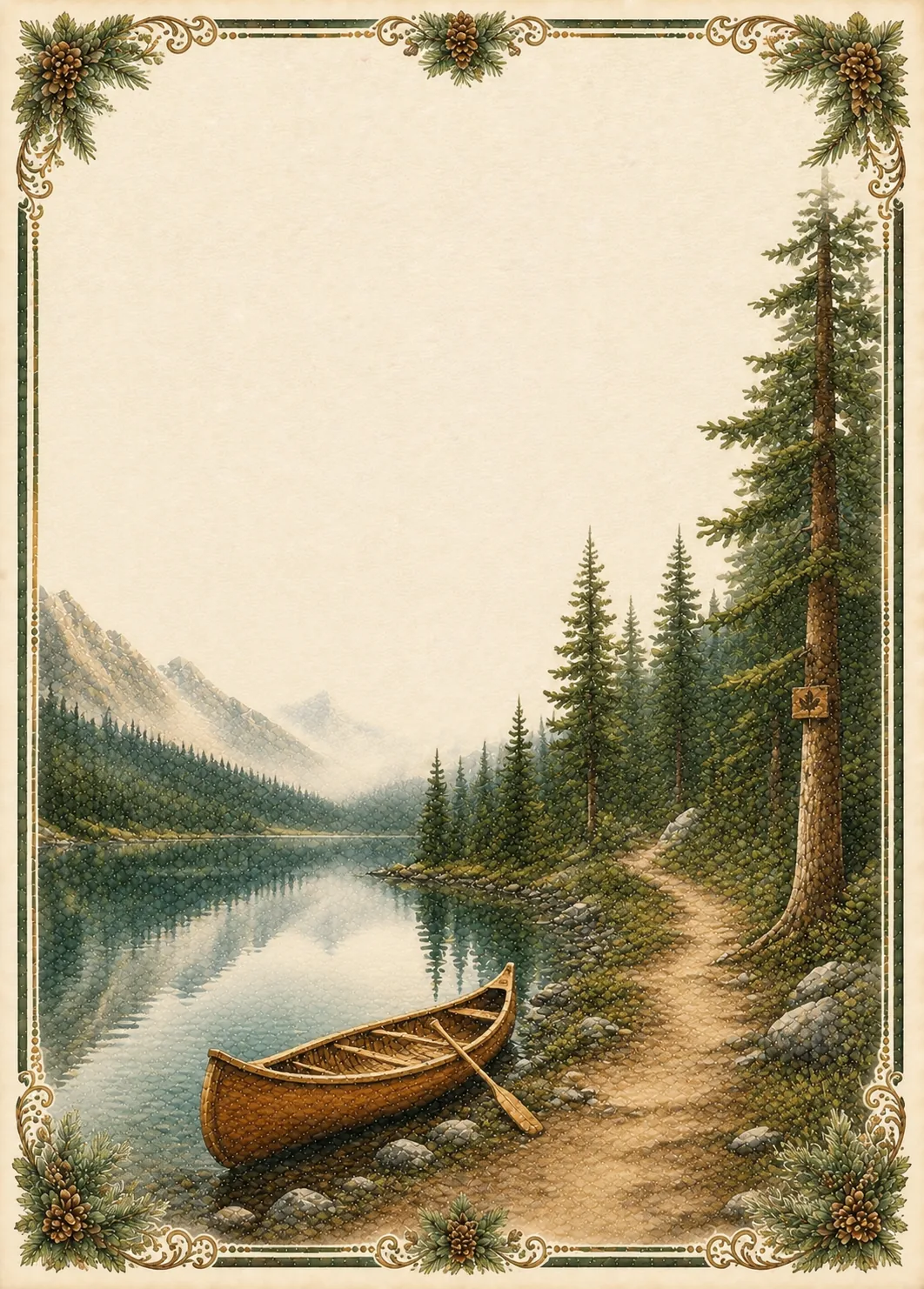 Peaceful mountain lake shore with wooden canoe stationery page and pine borders.