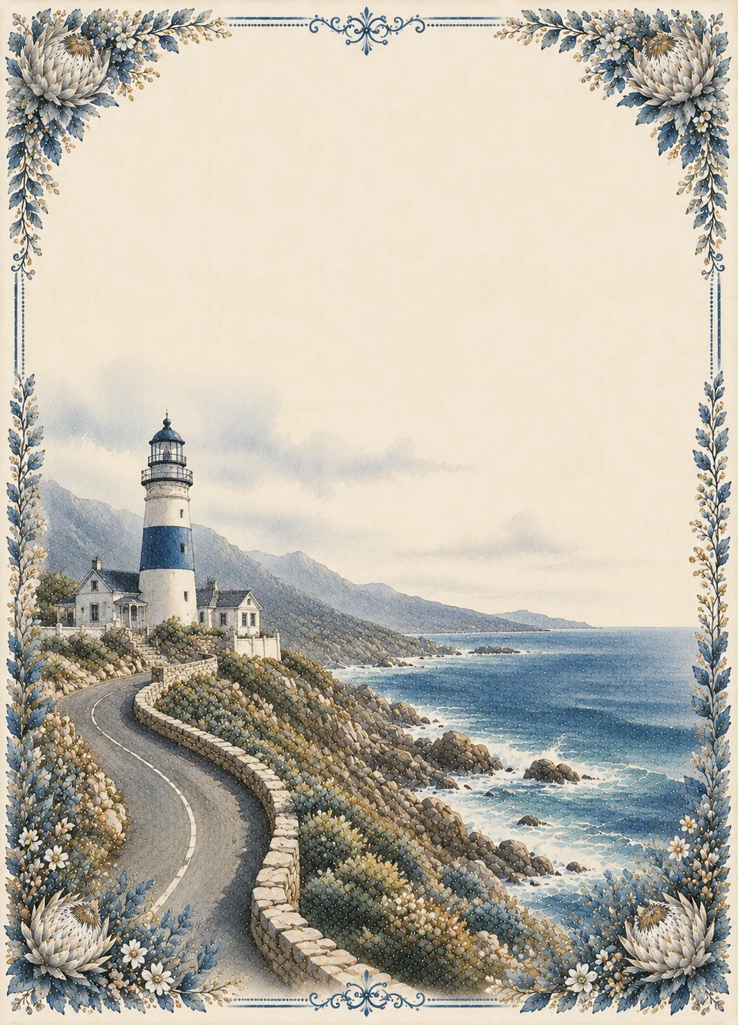 Blue and white coastal lighthouse with winding ocean road stationery border frame.