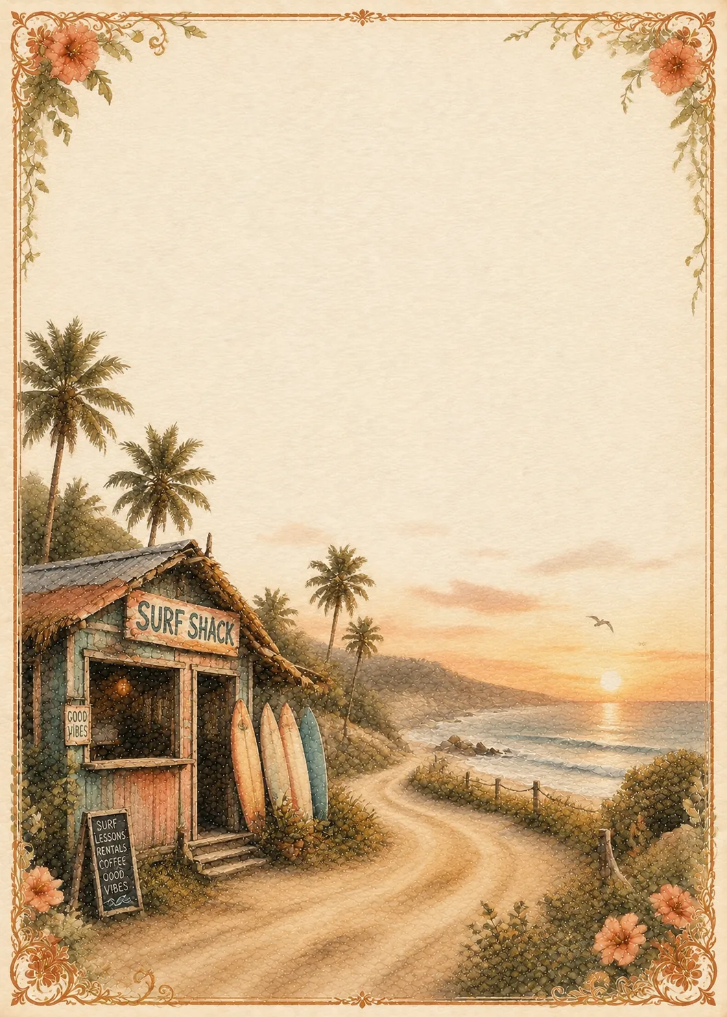 Warm sunset surf shack on beach path stationery border with tropical flowers.