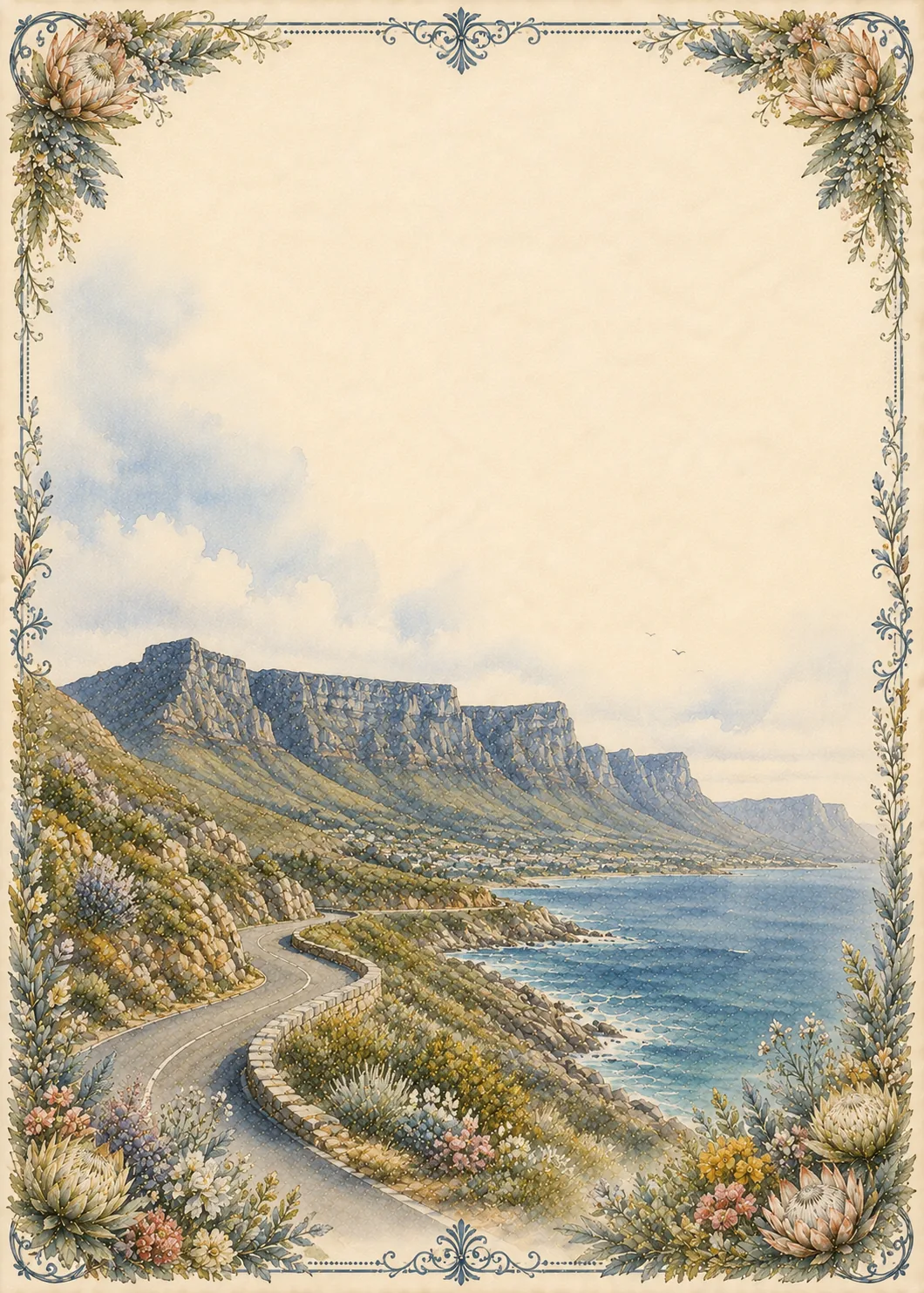 Cape Town stationery border pages showing Table Mountain cliffs and ocean path.