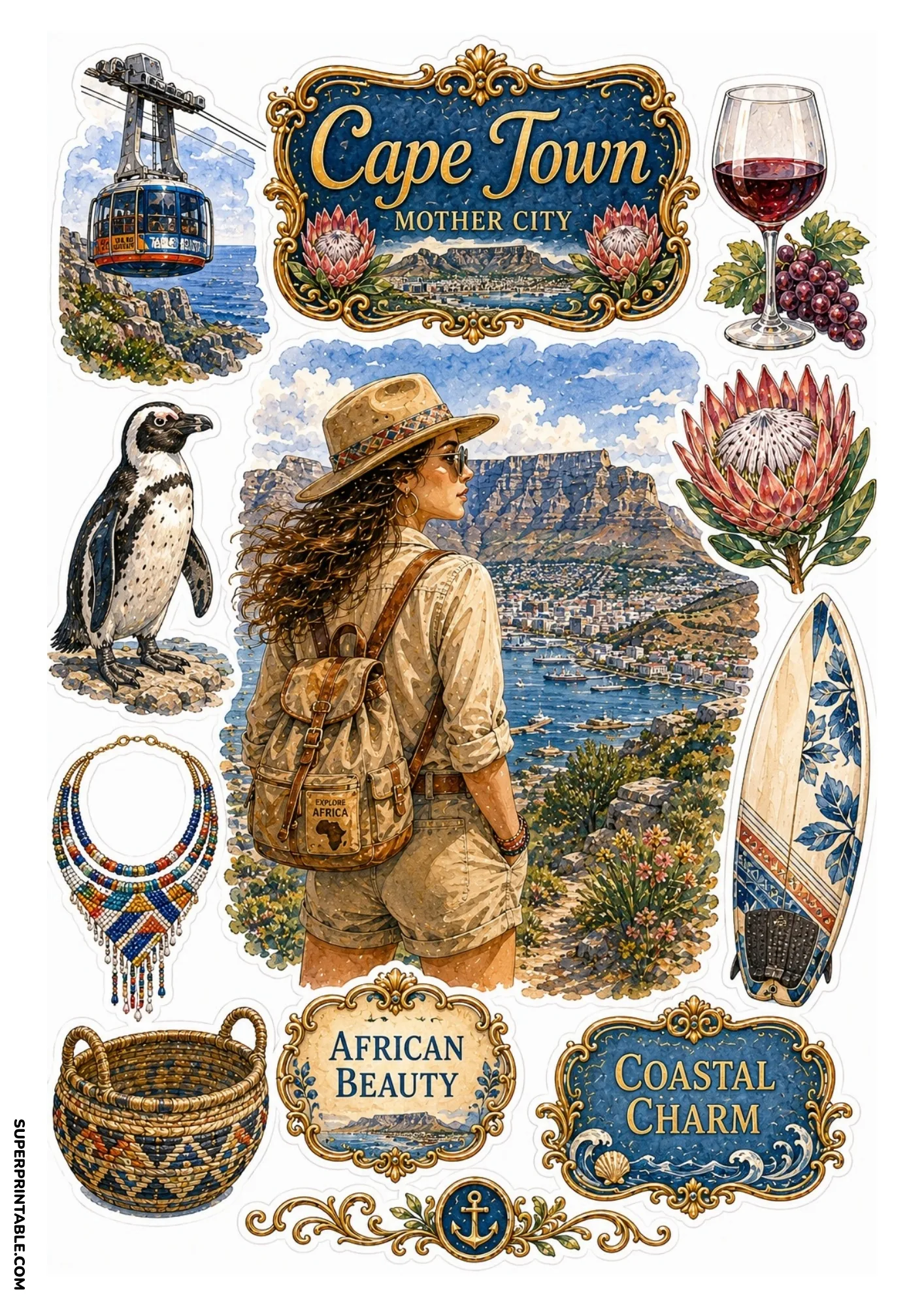 Cape Town travel sticker sheet showing Table Mountain, penguins, and protea flowers