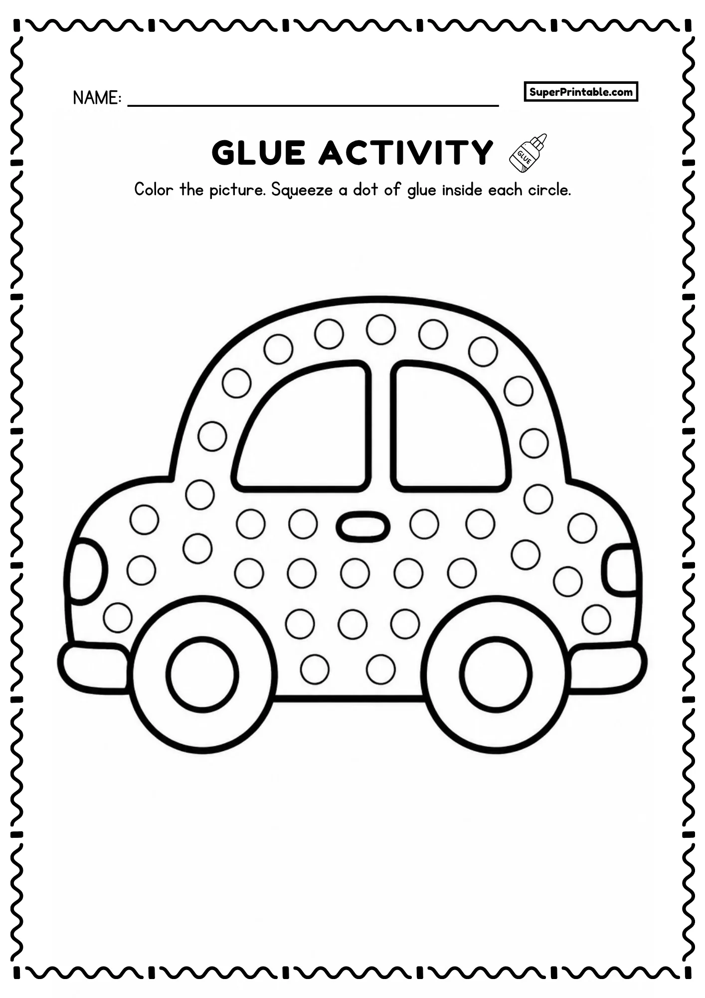 Car dot glue transportation worksheets activity with circles for preschool kids