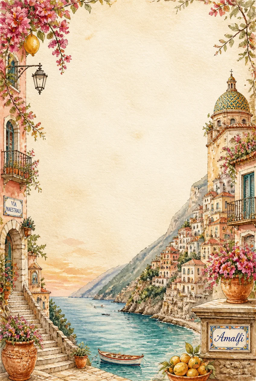 Pastel Caribbean beachfront cottages watercolor border enclosing a blank unruled writing sheet.
