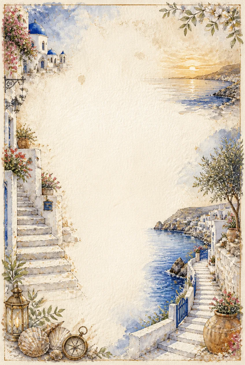 Sheltered Caribbean cove with colorful beach huts in a watercolor border on clean note paper.