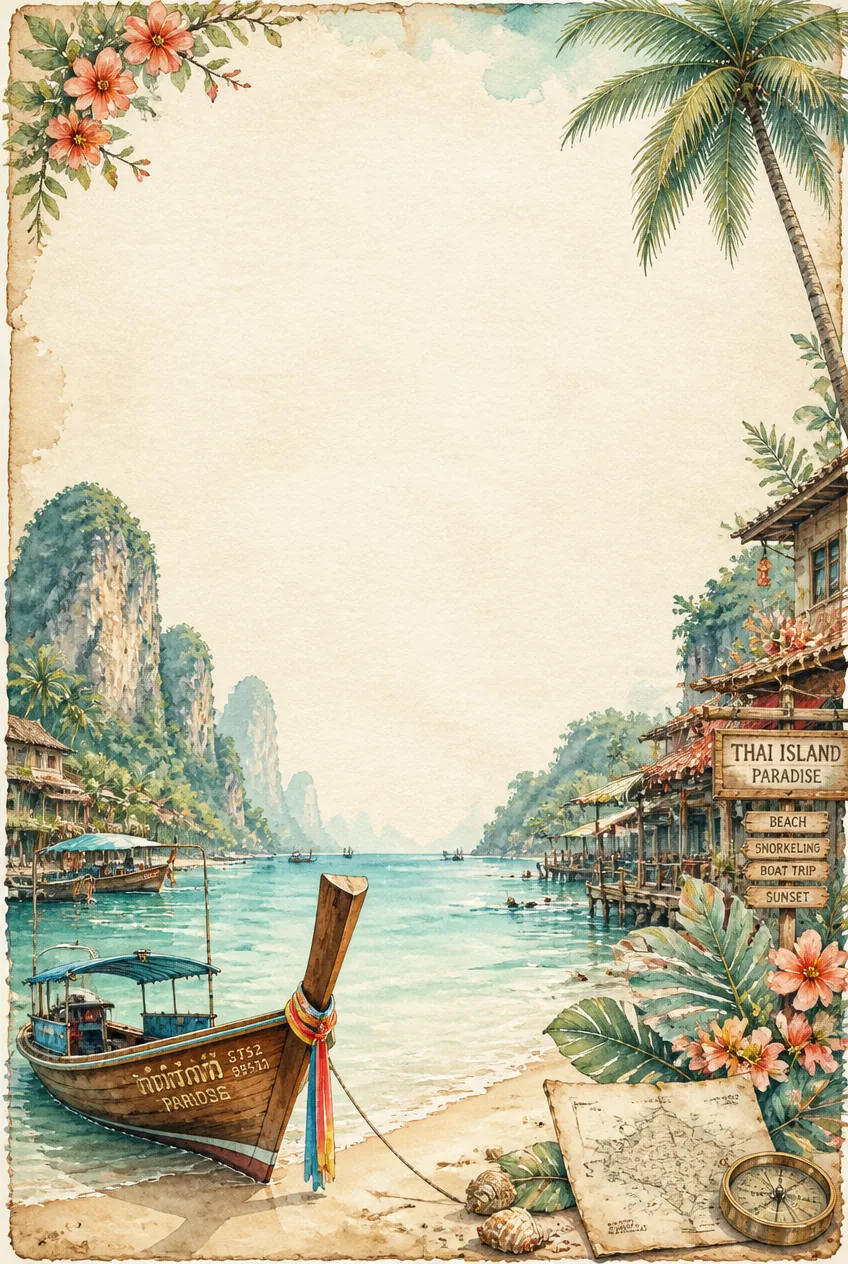 Colorful island harbor buildings and sailboats watercolor frame enclosing blank note paper.