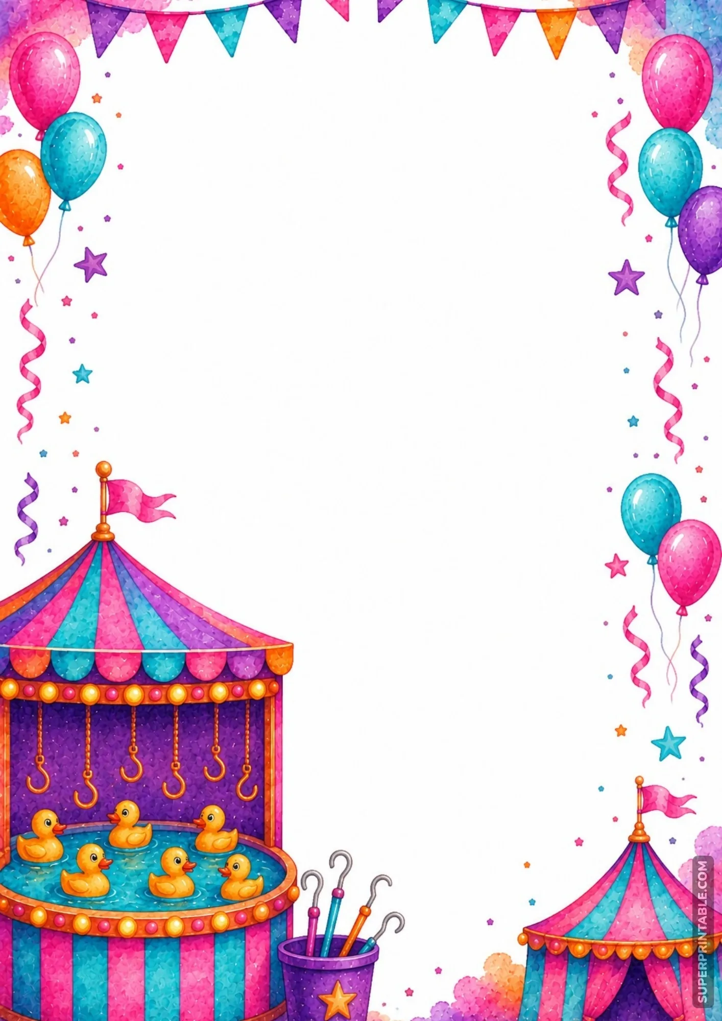 Cute printable fair border with floating yellow rubber ducks in a carnival pond game.