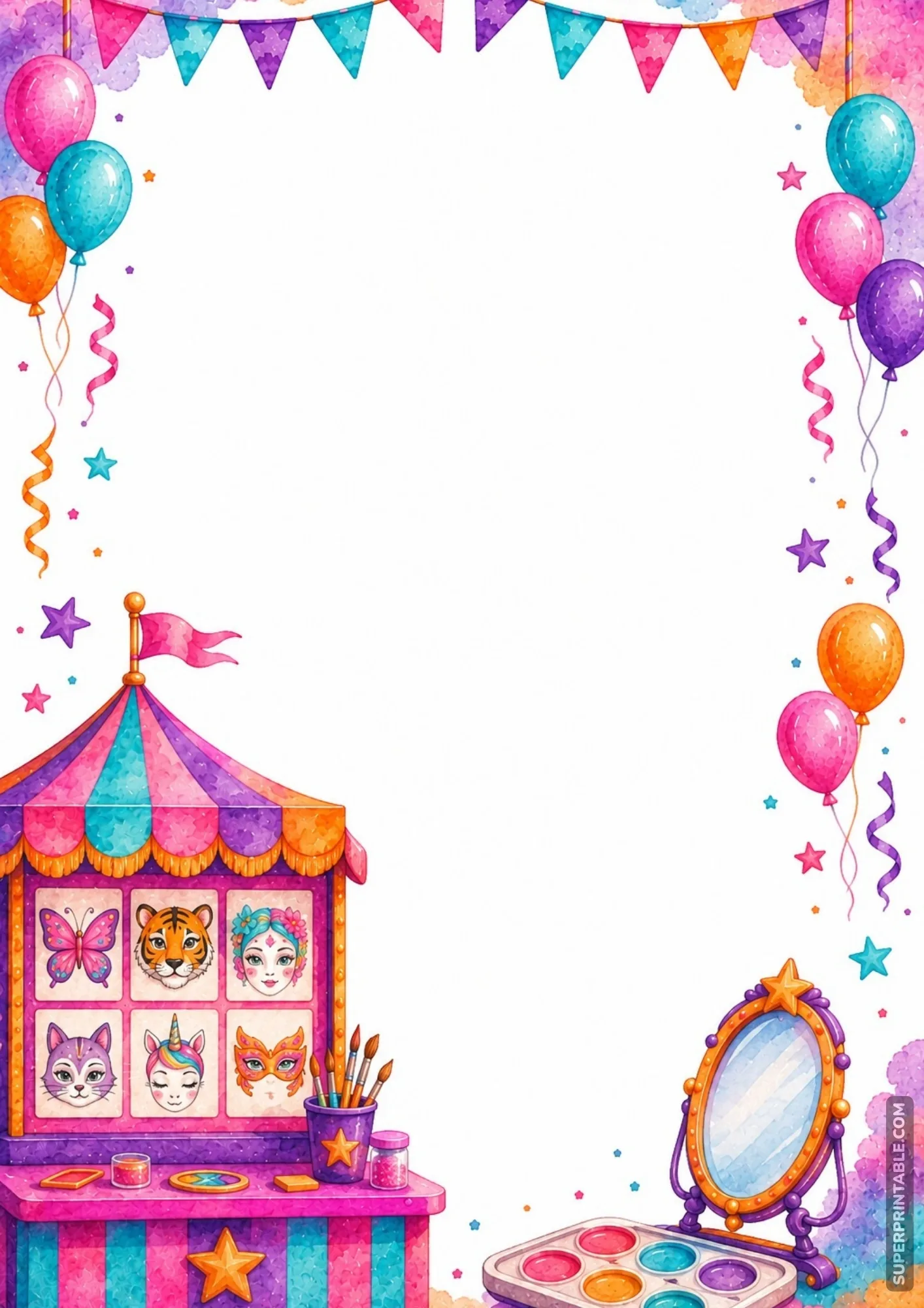 Creative printable page border featuring a carnival face painting booth and paint palette.