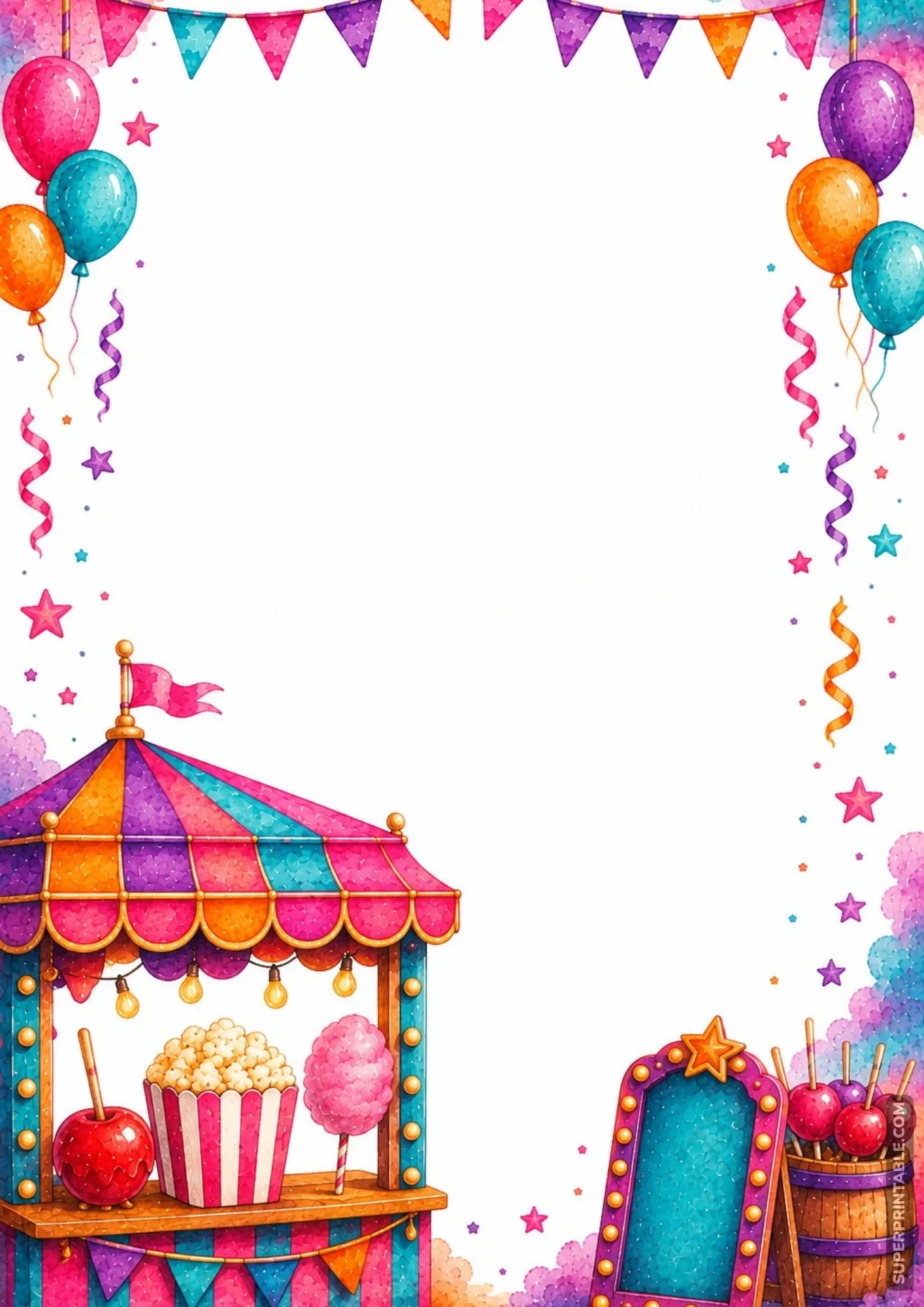 Delicious watercolor border page showing popcorn, cotton candy, and candy apple treats.