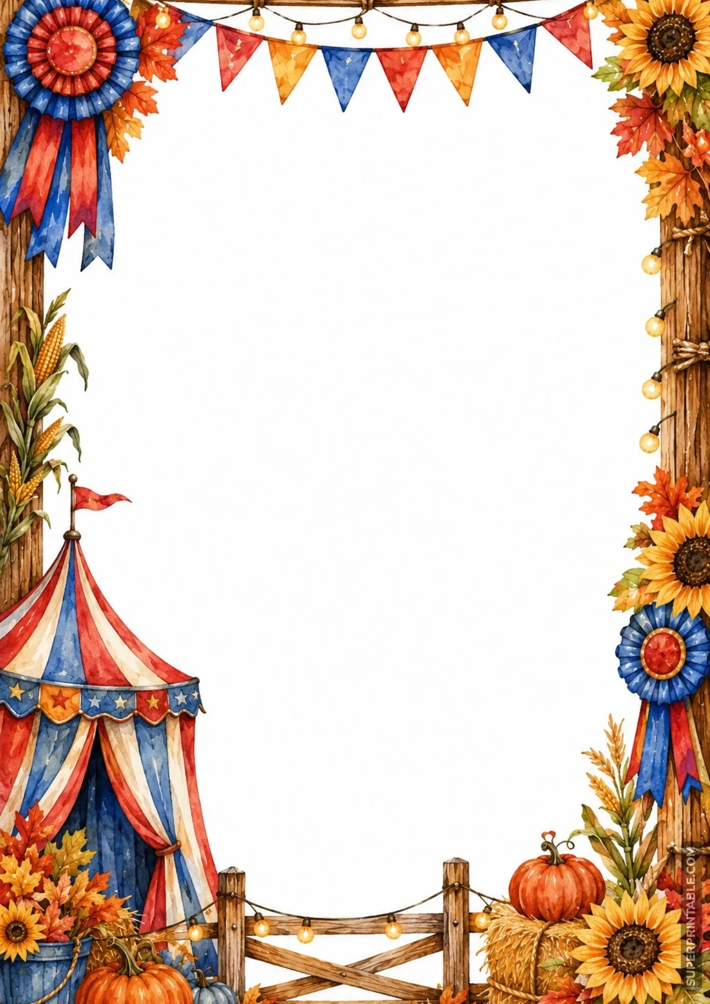 Autumn carnival border with a red blue striped circus tent, pumpkins, hay bales, and bright blue prize ribbons.