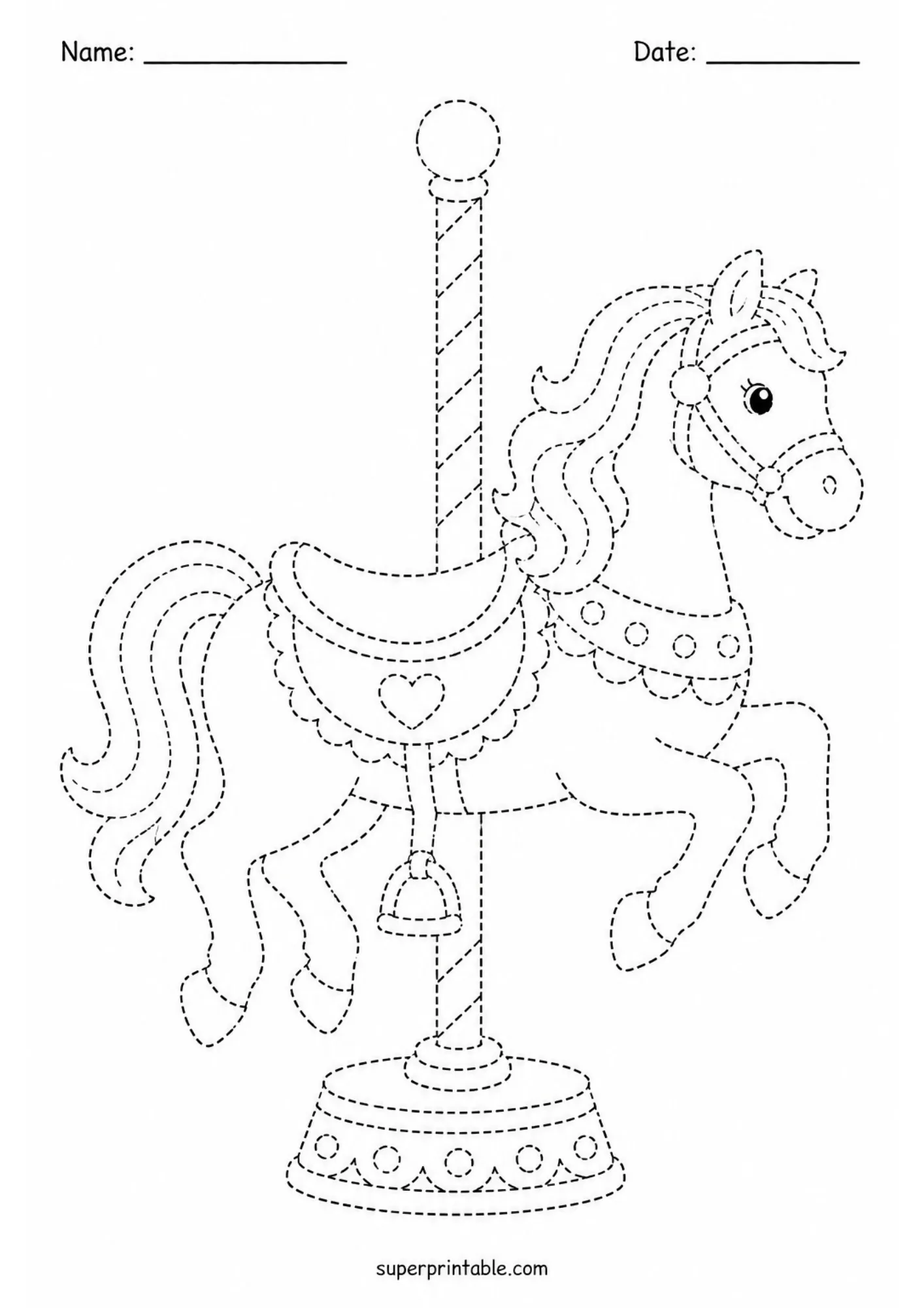 Amusement park activity worksheets tracing page with a decorative carousel horse on a pole.