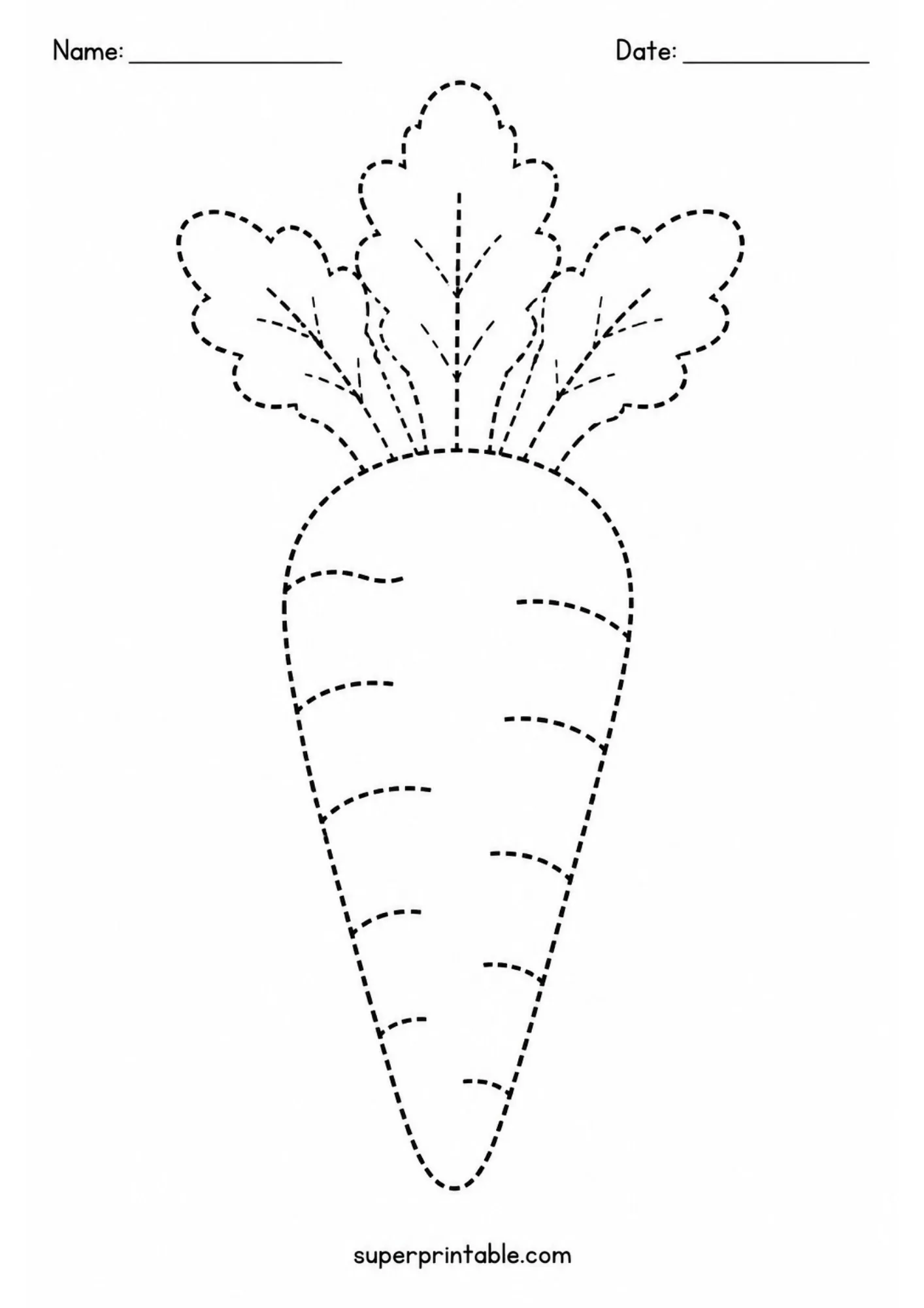 Printable carrot root with ruffled leafy top drawn in dashed lines.