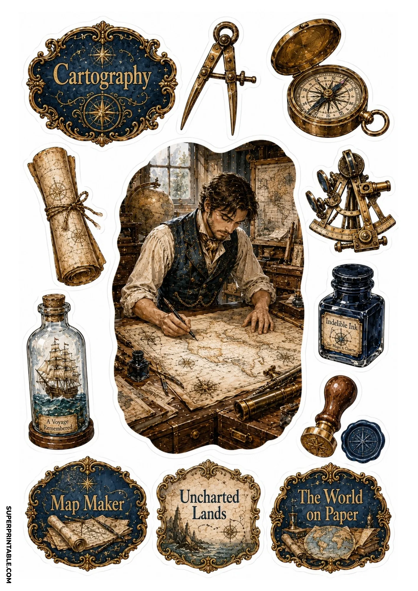 Cartographer drafting an ancient nautical map surrounded by brass compasses, rolled scrolls, and ink bottles.