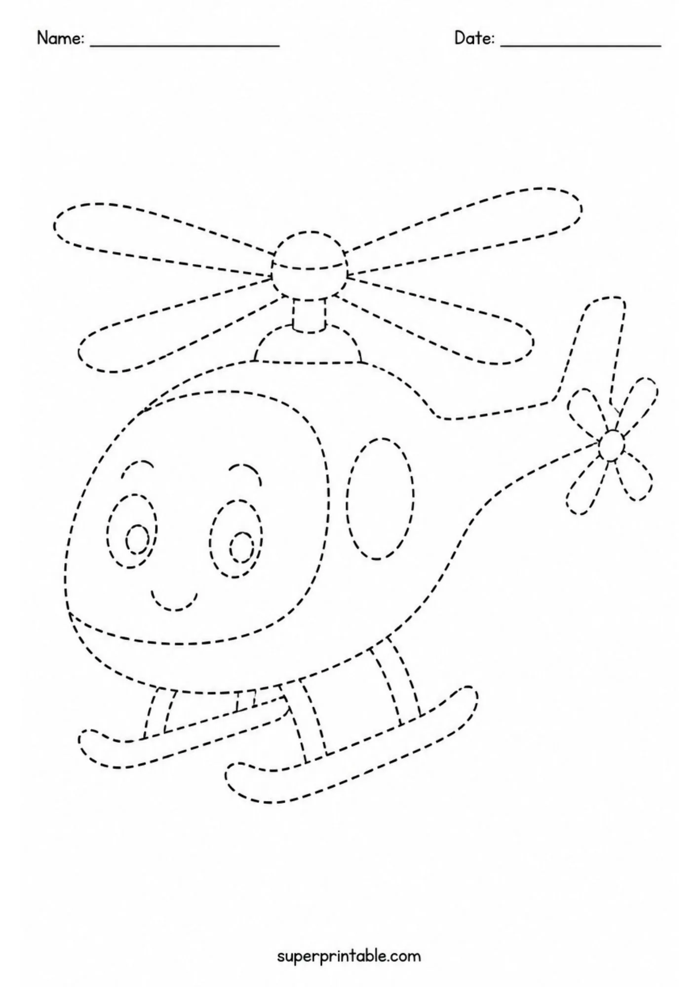 Cute smiling cartoon helicopter with rotor blades rendered in dashed lines.