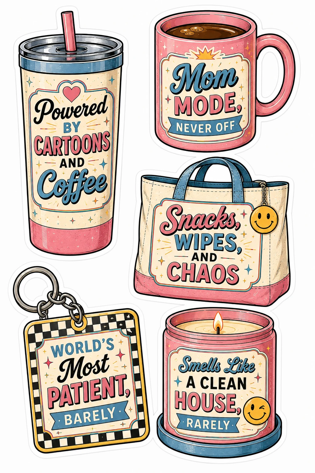 Cartoons Coffee Mom Mode Never Off Mug Sheet featuring motherhood humor, tired mom life, coffee & chaos, and parenting struggles.