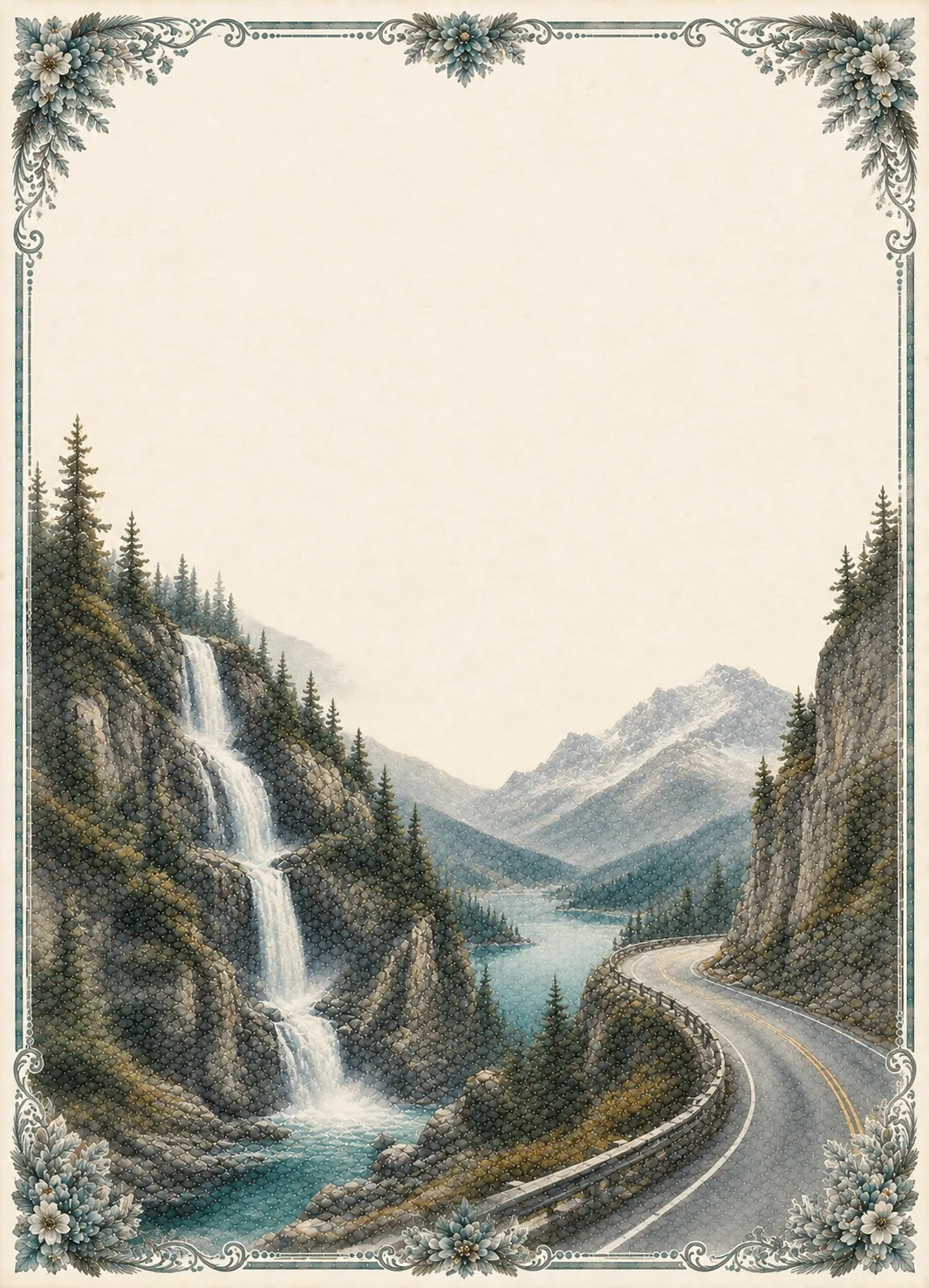 Multi-tiered waterfall cascading down steep rocky cliffs beside a winding mountain road.