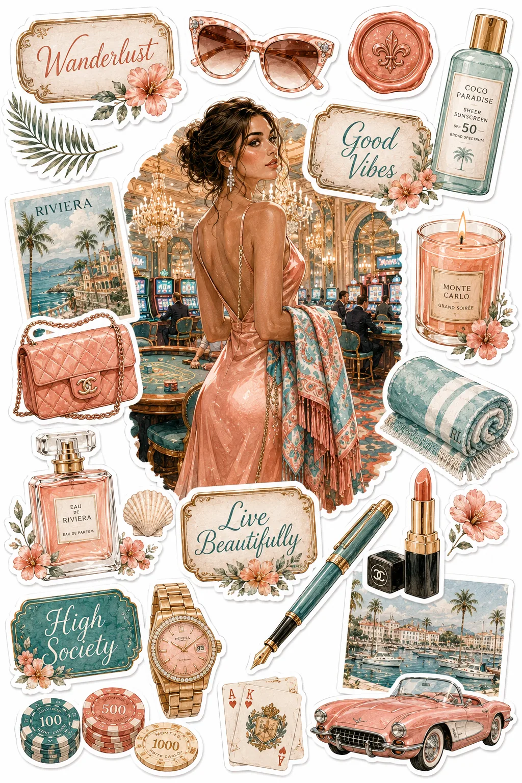 Elegant woman in a silk dress inside a casino surrounded by poker chips and luxury handbag stickers.