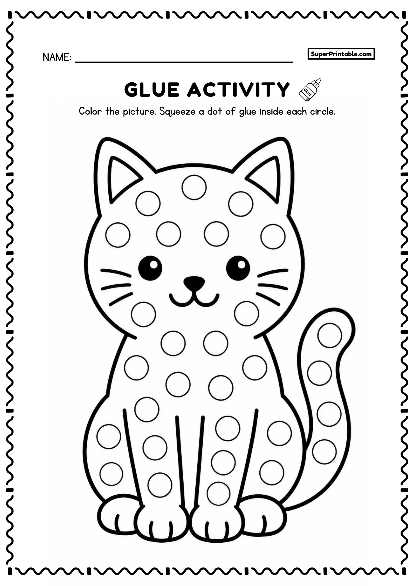 Cute sitting cat printable glue worksheet with pointed ears and dot circles for toddlers