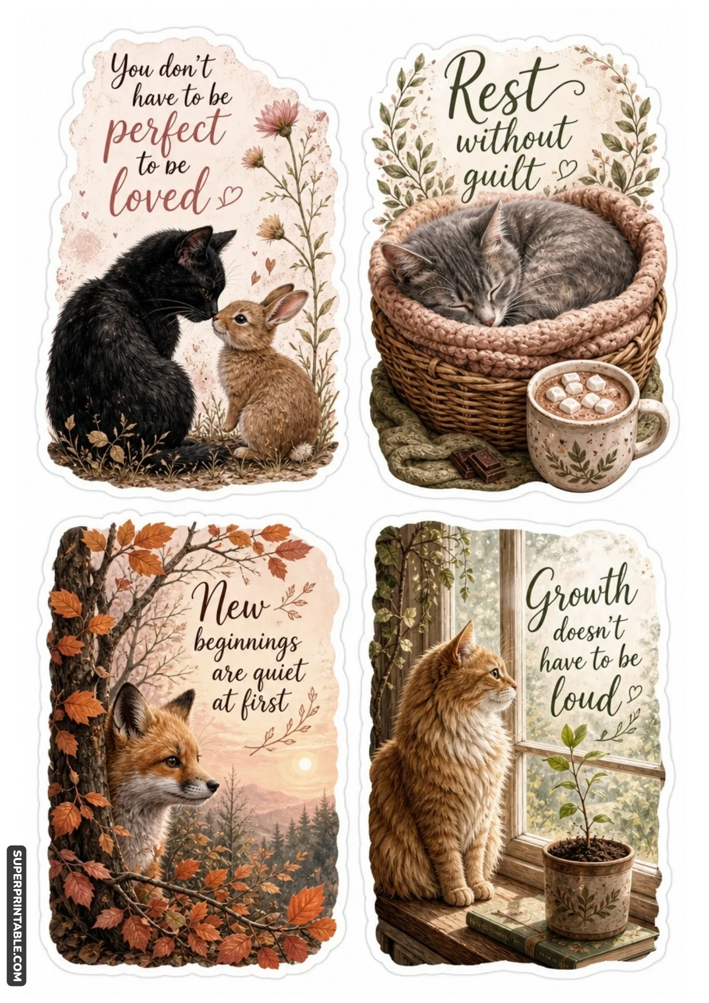 Comforting animal stickers with quotes about rest and growth.