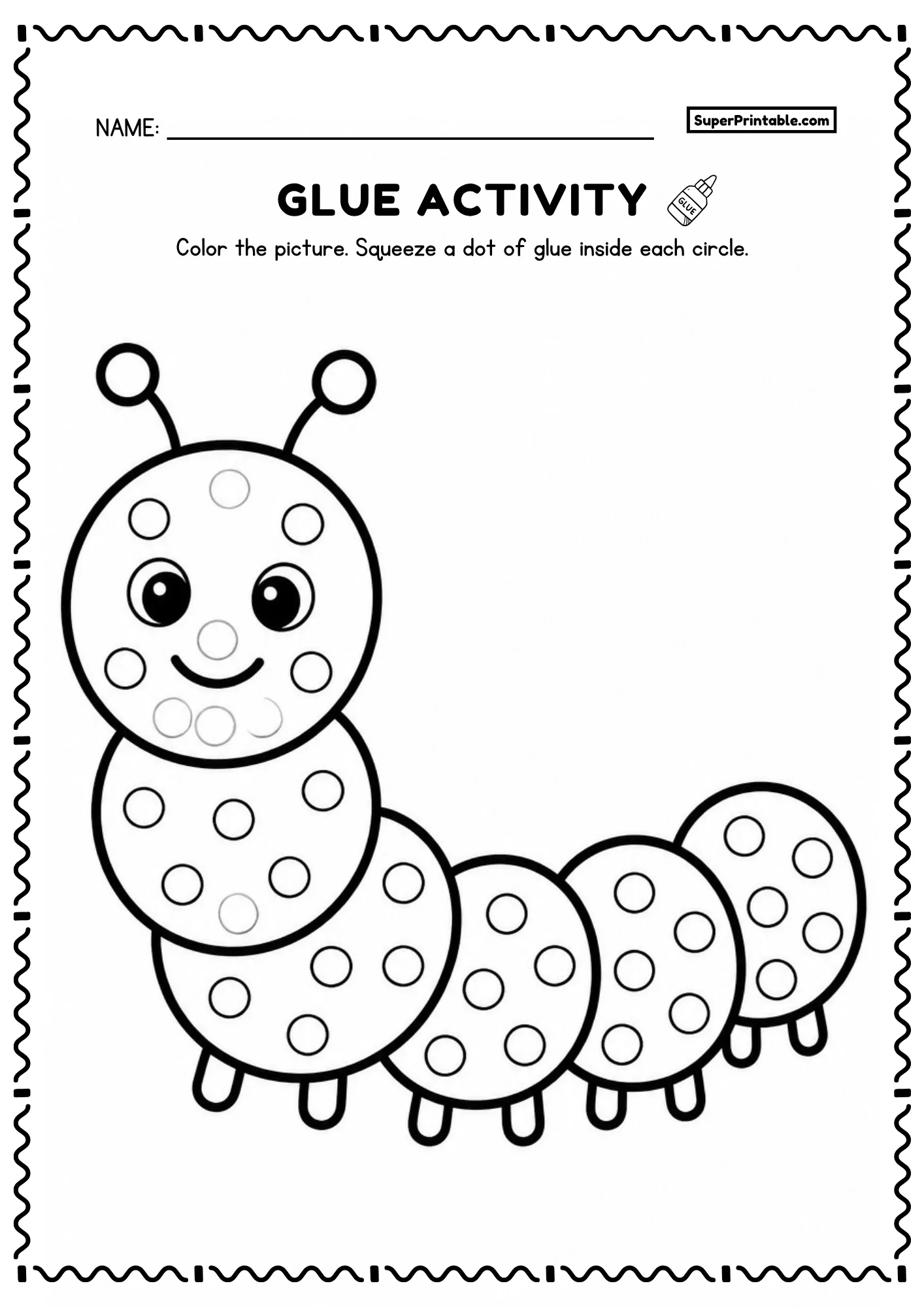 Printable caterpillar dot glue insects worksheet with round segments and dot circles for toddlers