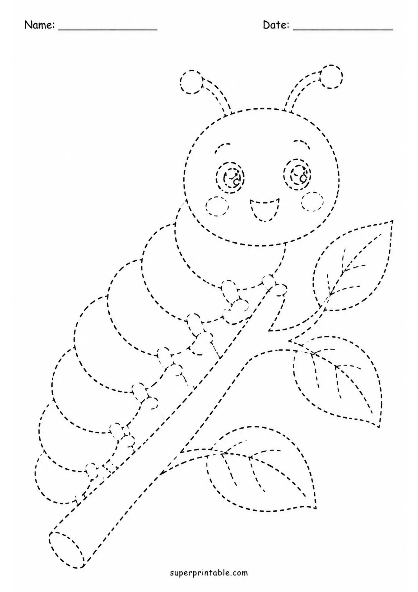 Adorable caterpillar crawling on a leaf branch tracing printable for kindergarteners.