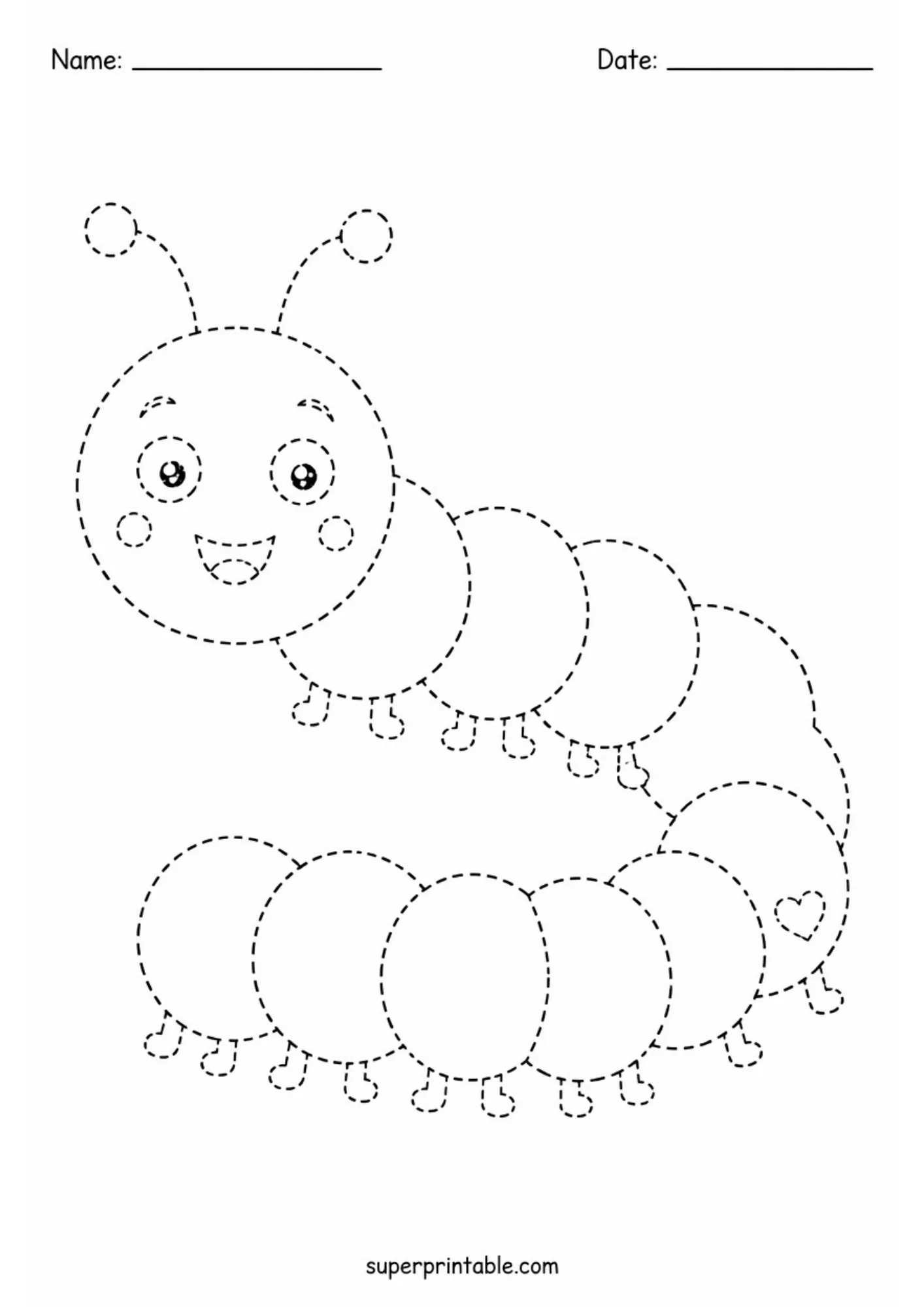 Curved caterpillar body tracing activity worksheet with circular segment paths.