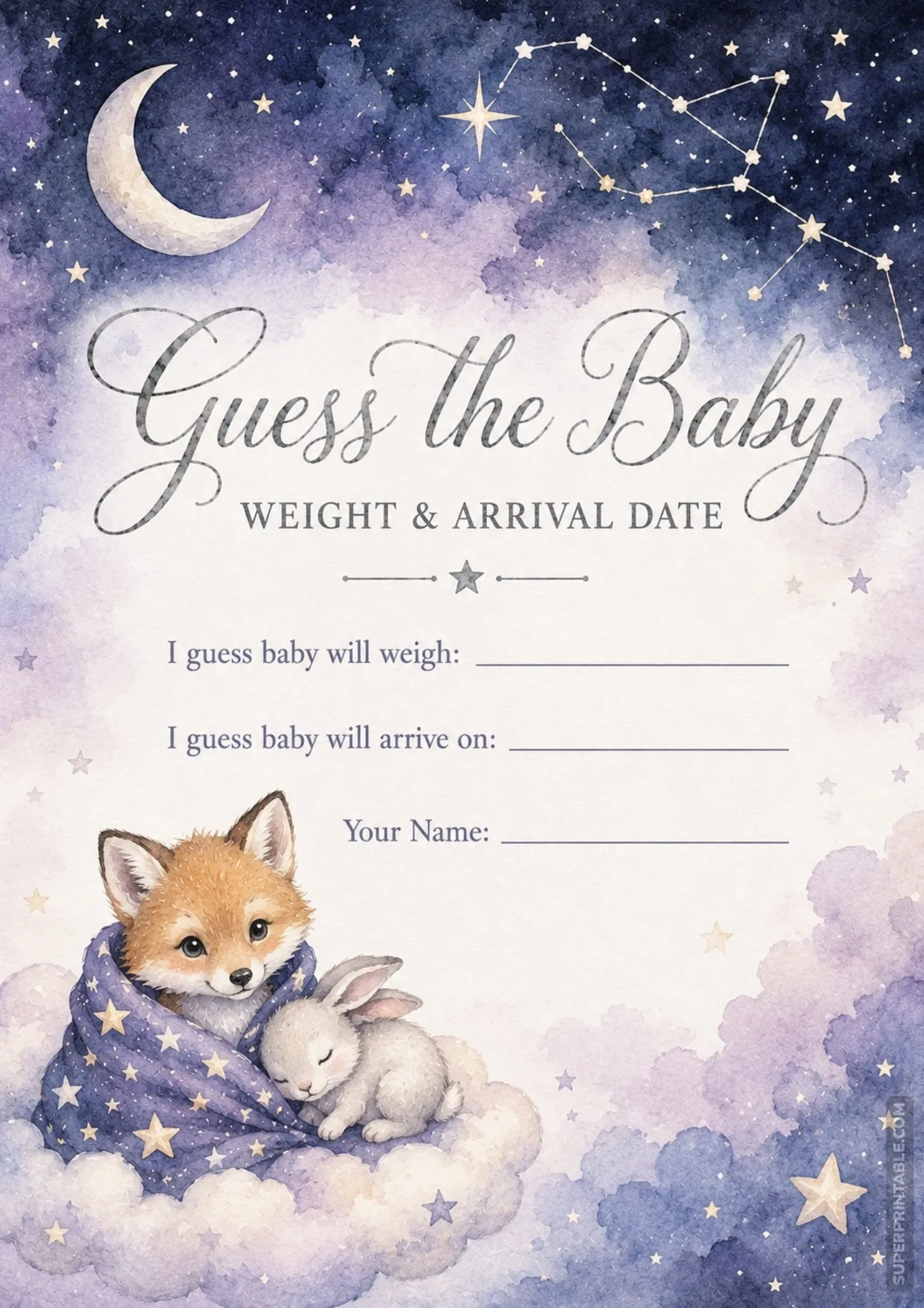 Celestial starry night baby prediction card showing a baby fox and bunny sleeping on a cloud.