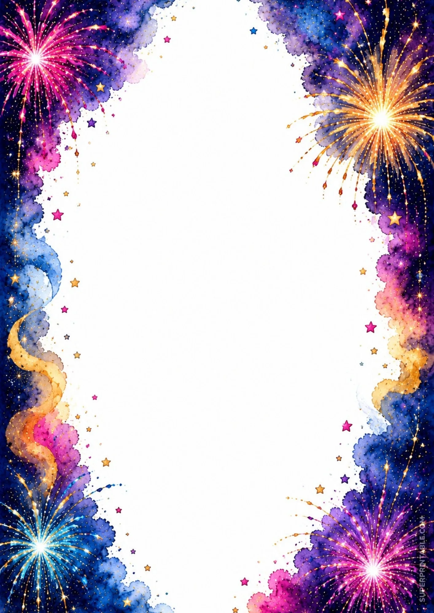 Deep indigo and pink watercolor cloud border filled with glowing fireworks explosions and golden ribbons.