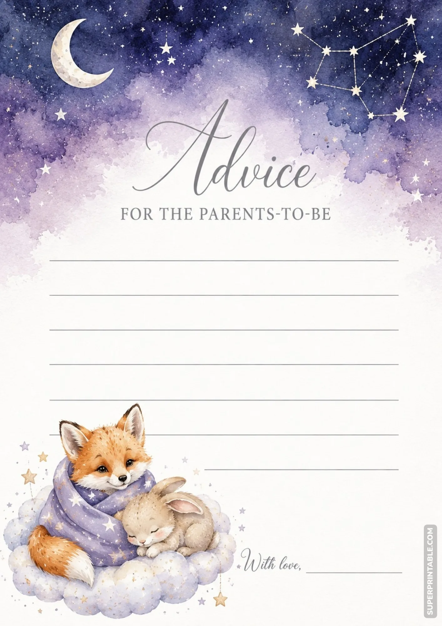 Celestial baby shower advice printable card with sleeping fox and bunny on cloud under starry sky.