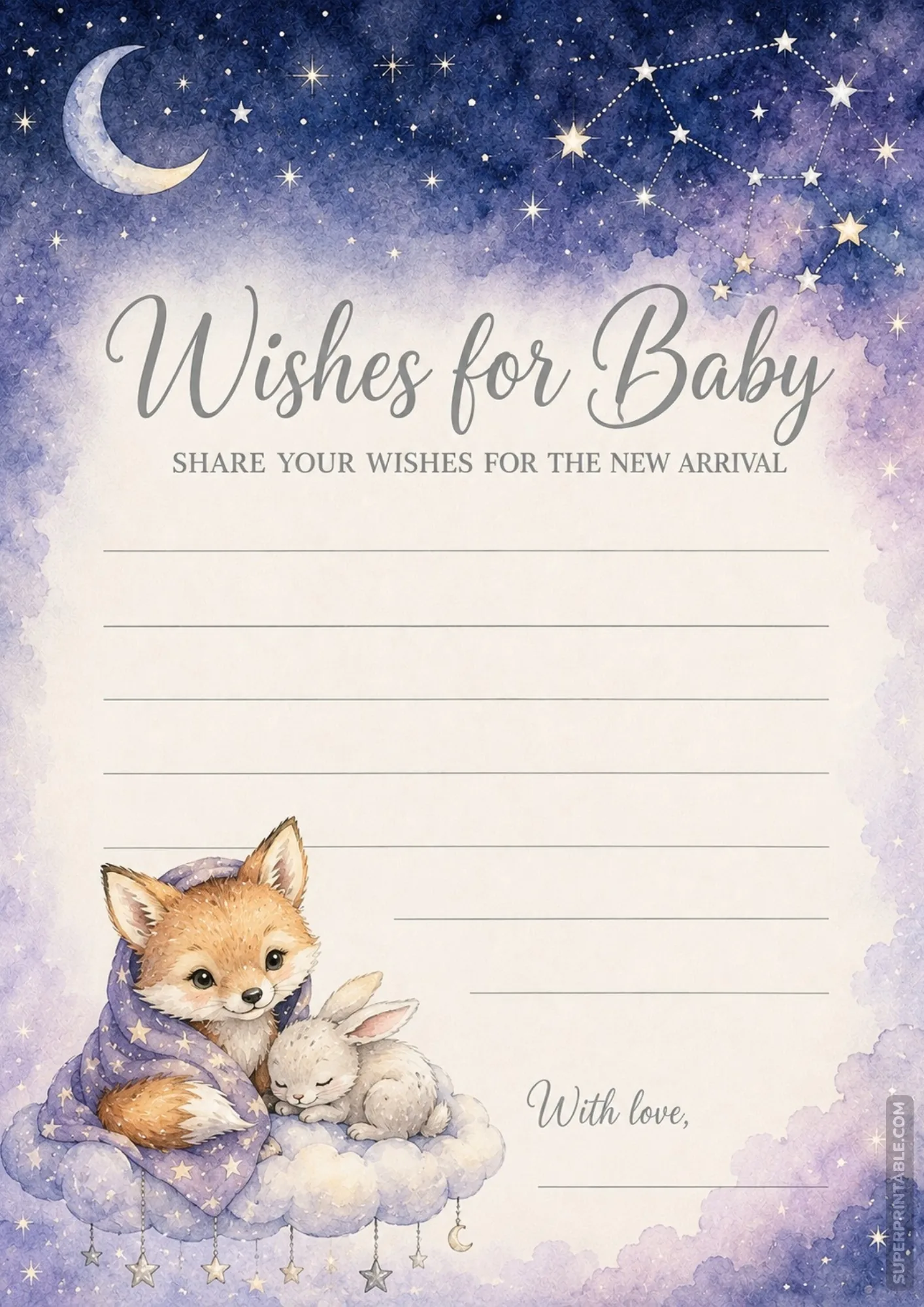 Celestial night card featuring a sleeping baby fox wrapped in a blanket on a cloud with a bunny.